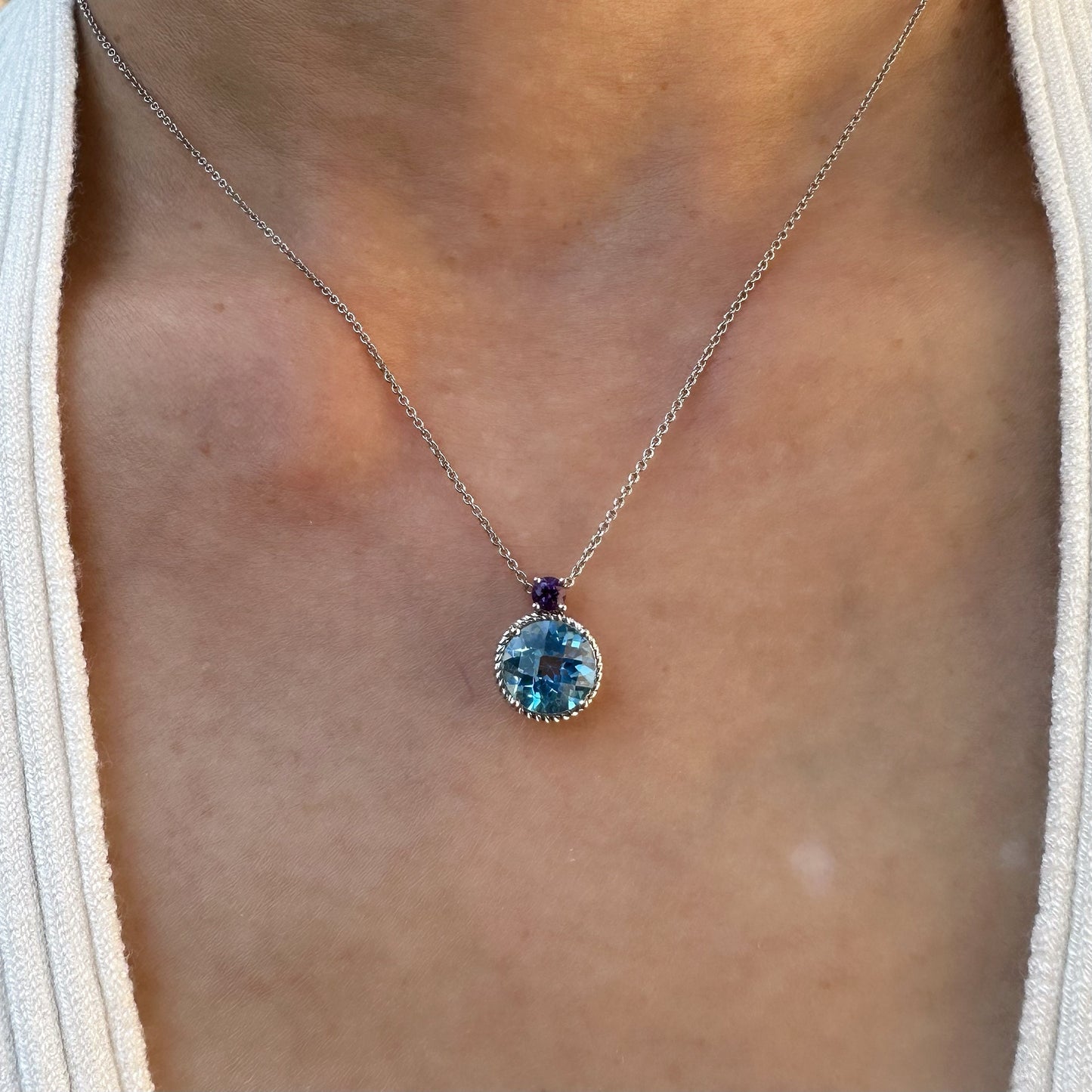 14K Solid Gold Genuine Cushion Cut Blue Topaz and Amethyst Necklace