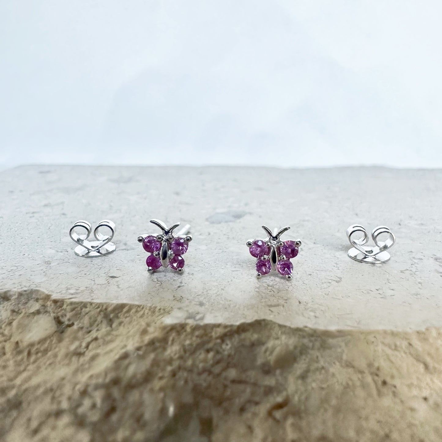 14K Solid Gold Genuine Pink Sapphire Butterfly Studs/Pair