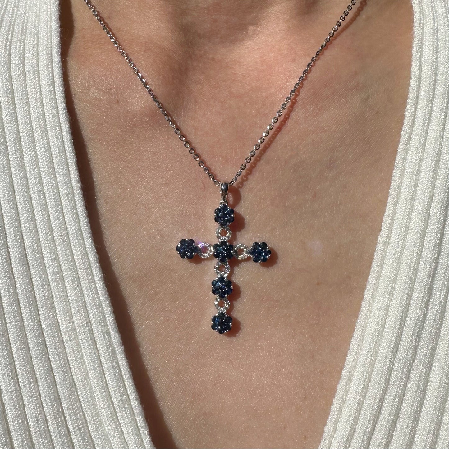 14K Solid Gold Genuine Diamond and Sapphire Large Flower Cross Pendant (pendant only)