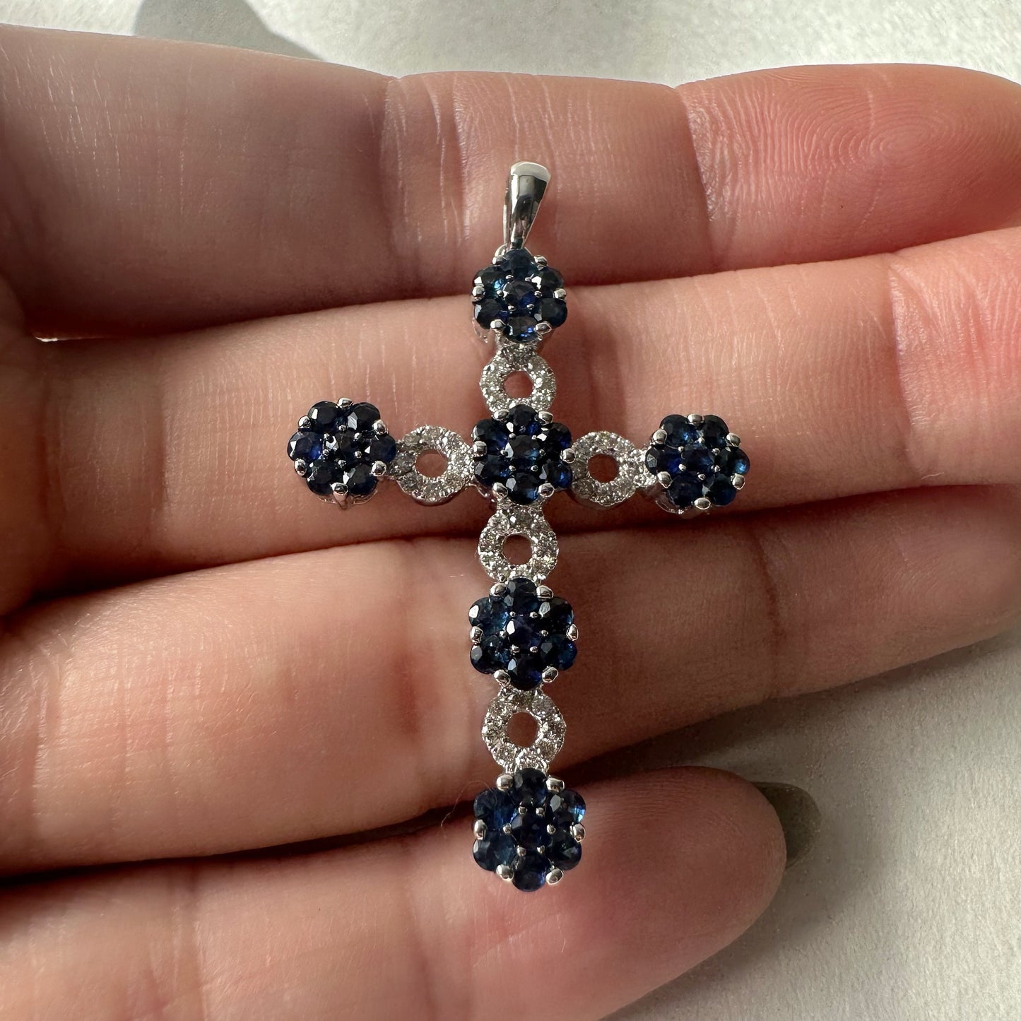 14K Solid Gold Genuine Diamond and Sapphire Large Flower Cross Pendant (pendant only)