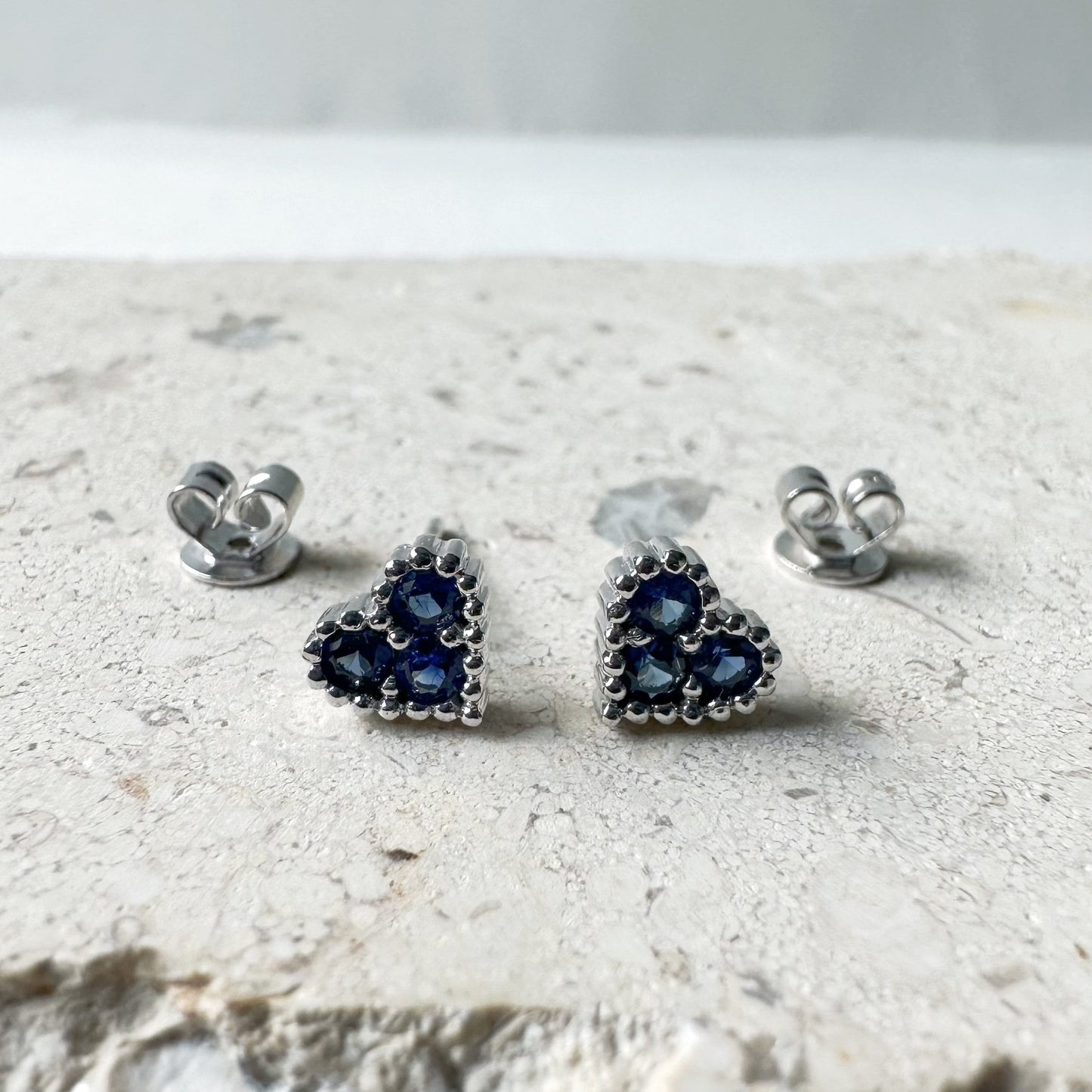 14K Solid Gold Genuine Sapphire Heart Studs/Pair