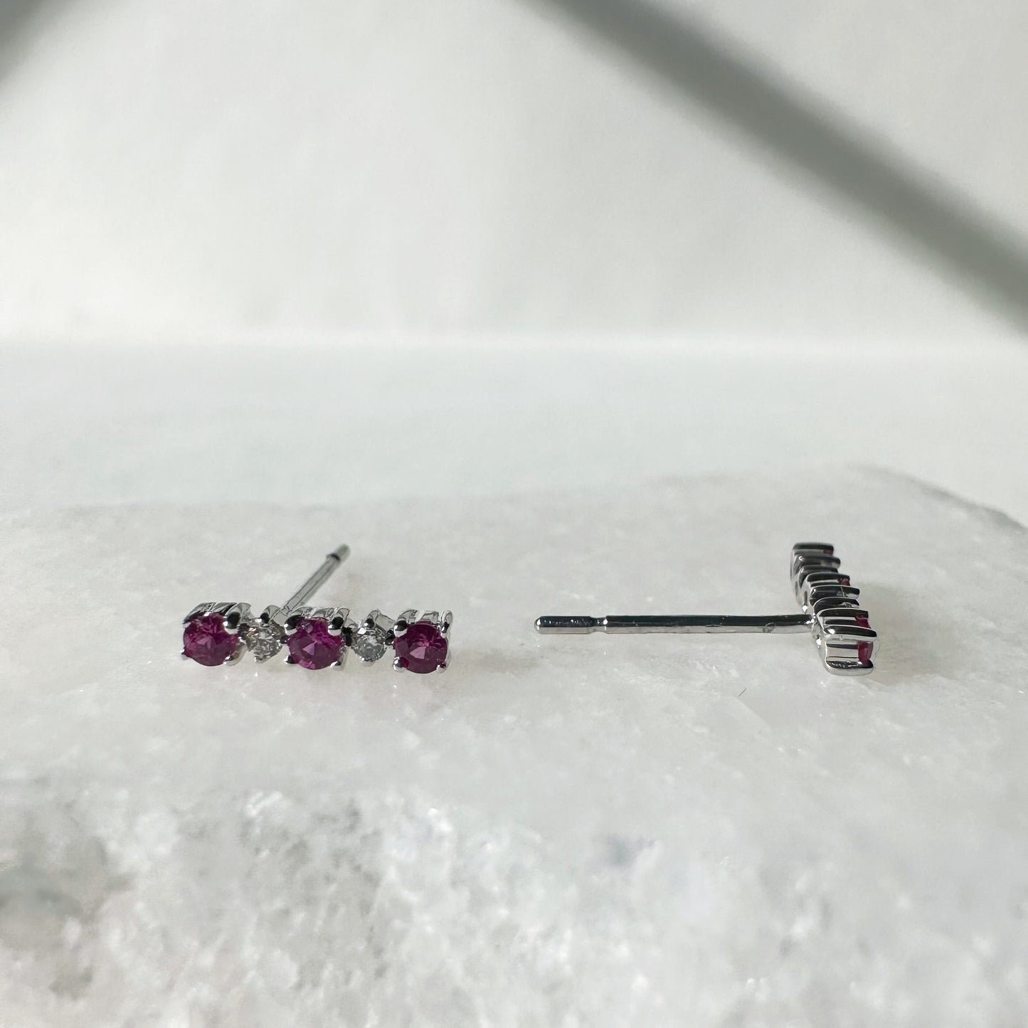 14K Solid White Gold Genuine Ruby and Diamond Bar Studs/Pair