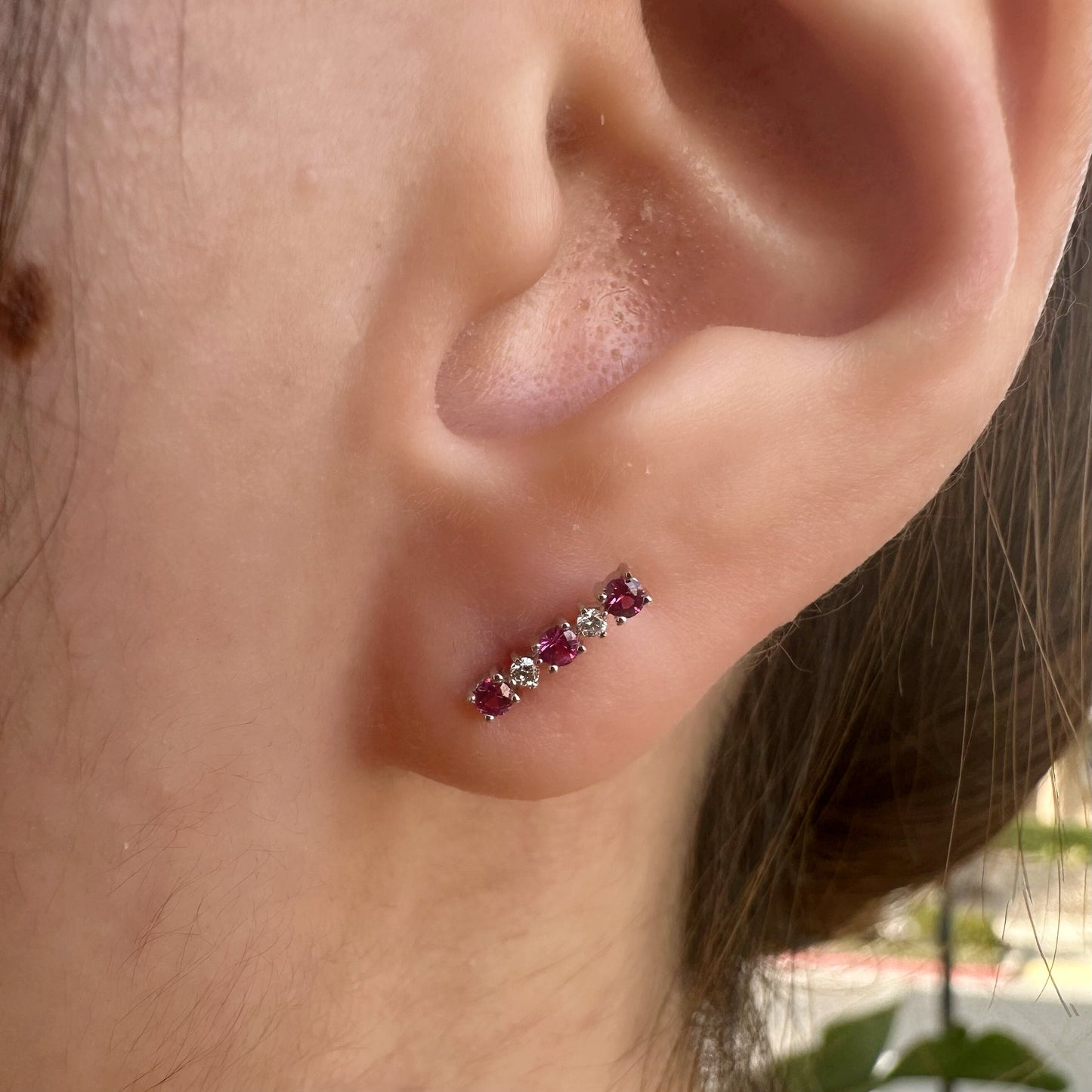 14K Solid White Gold Genuine Ruby and Diamond Bar Studs/Pair
