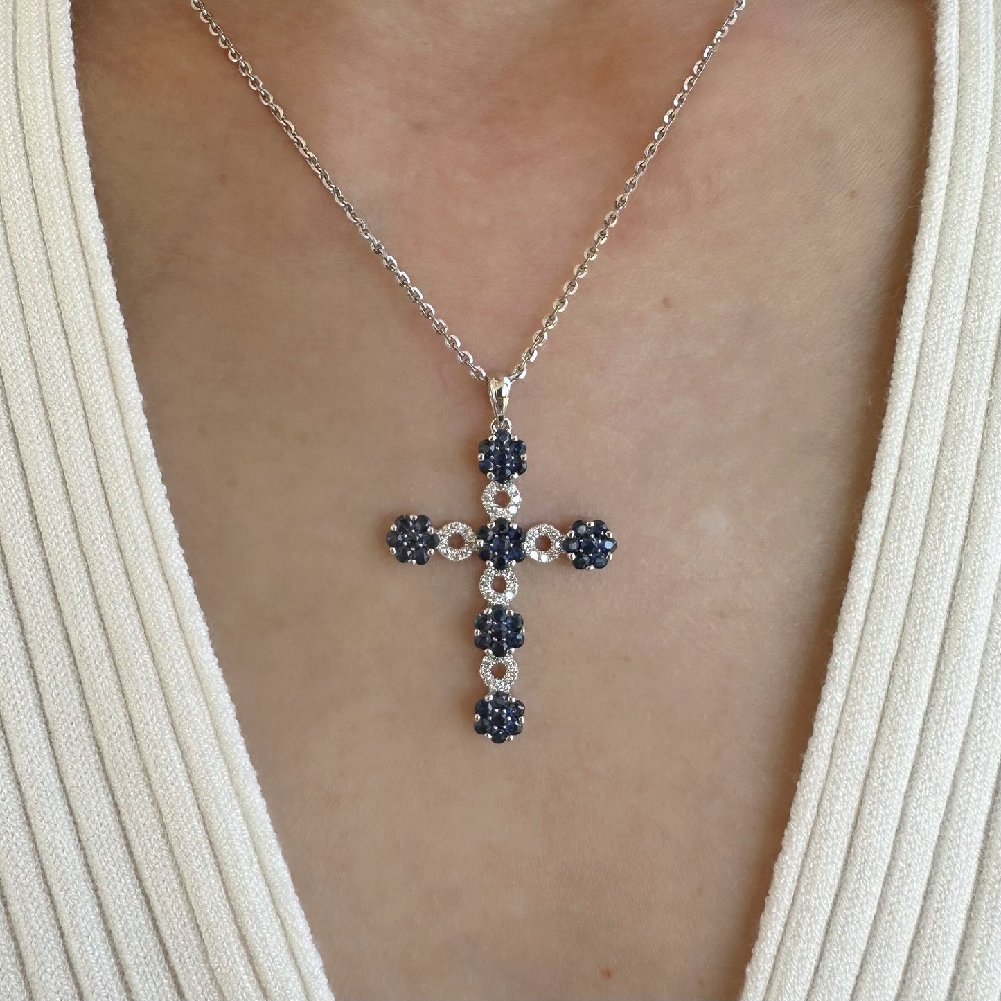 14K Solid Gold Genuine Diamond and Sapphire Large Flower Cross Pendant (pendant only)