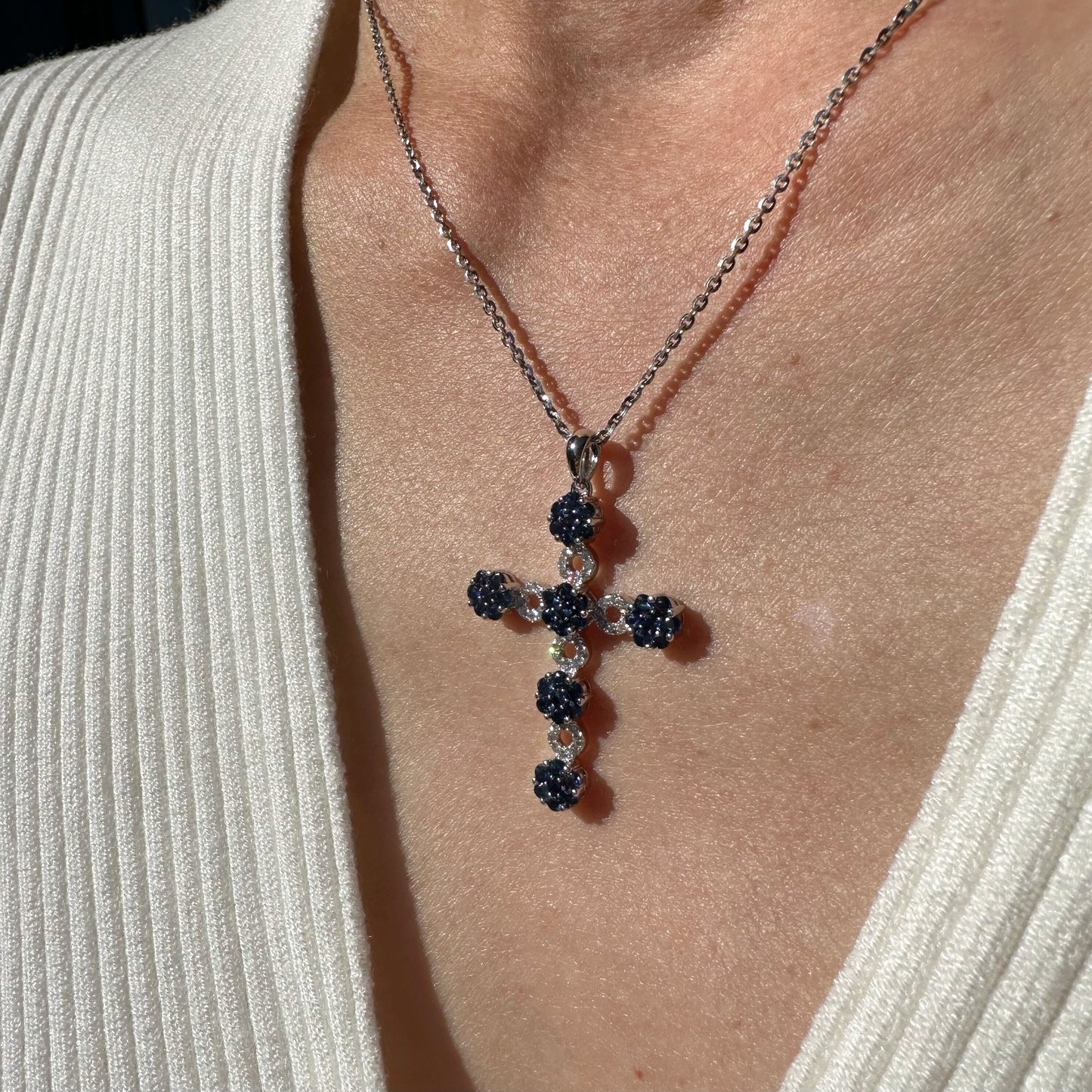 14K Solid Gold Genuine Diamond and Sapphire Large Flower Cross Pendant (pendant only)