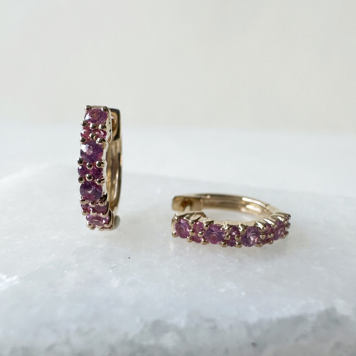 14K Solid Gold Genuine Pink Sapphire Hoops/Pair