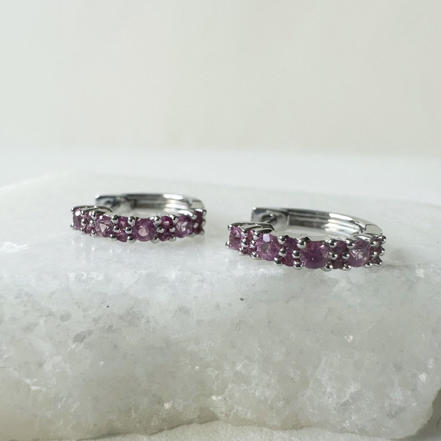 14K Solid Gold Genuine Pink Sapphire Hoops/Pair