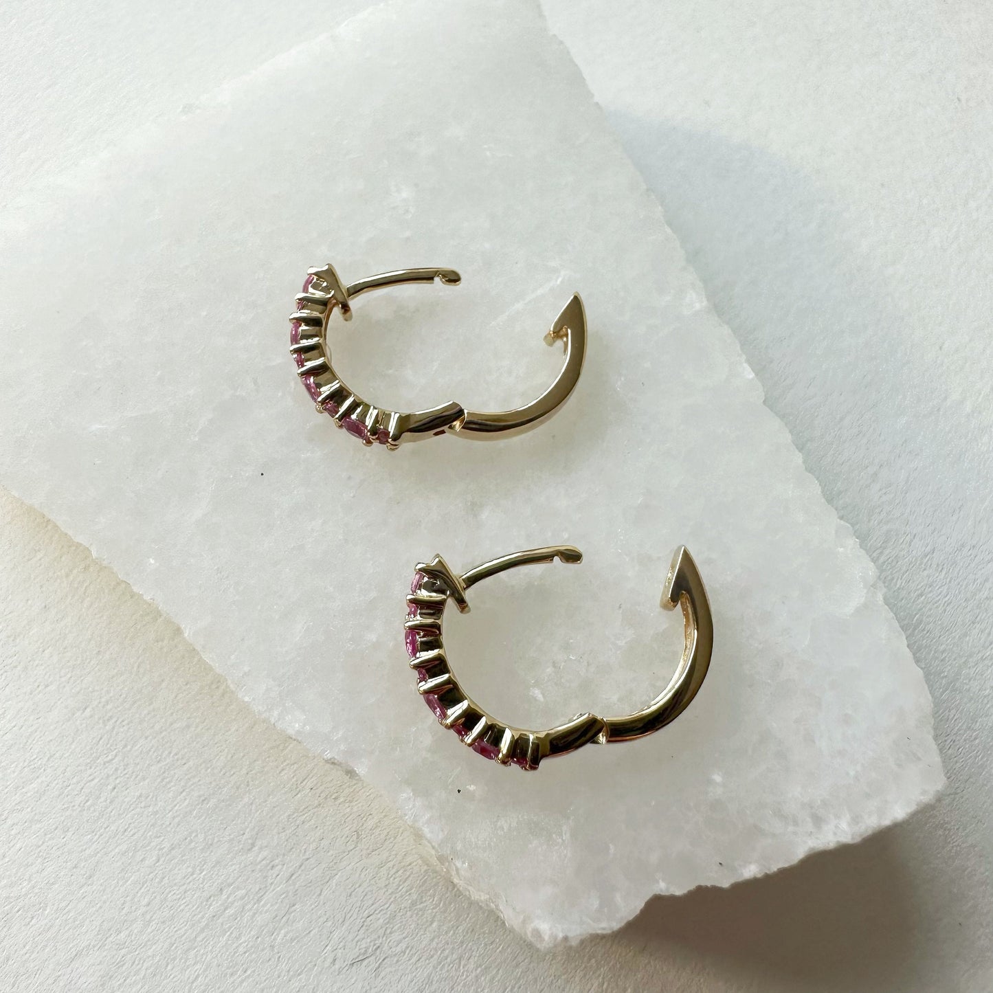 14K Solid Gold Genuine Pink Sapphire Hoops/Pair