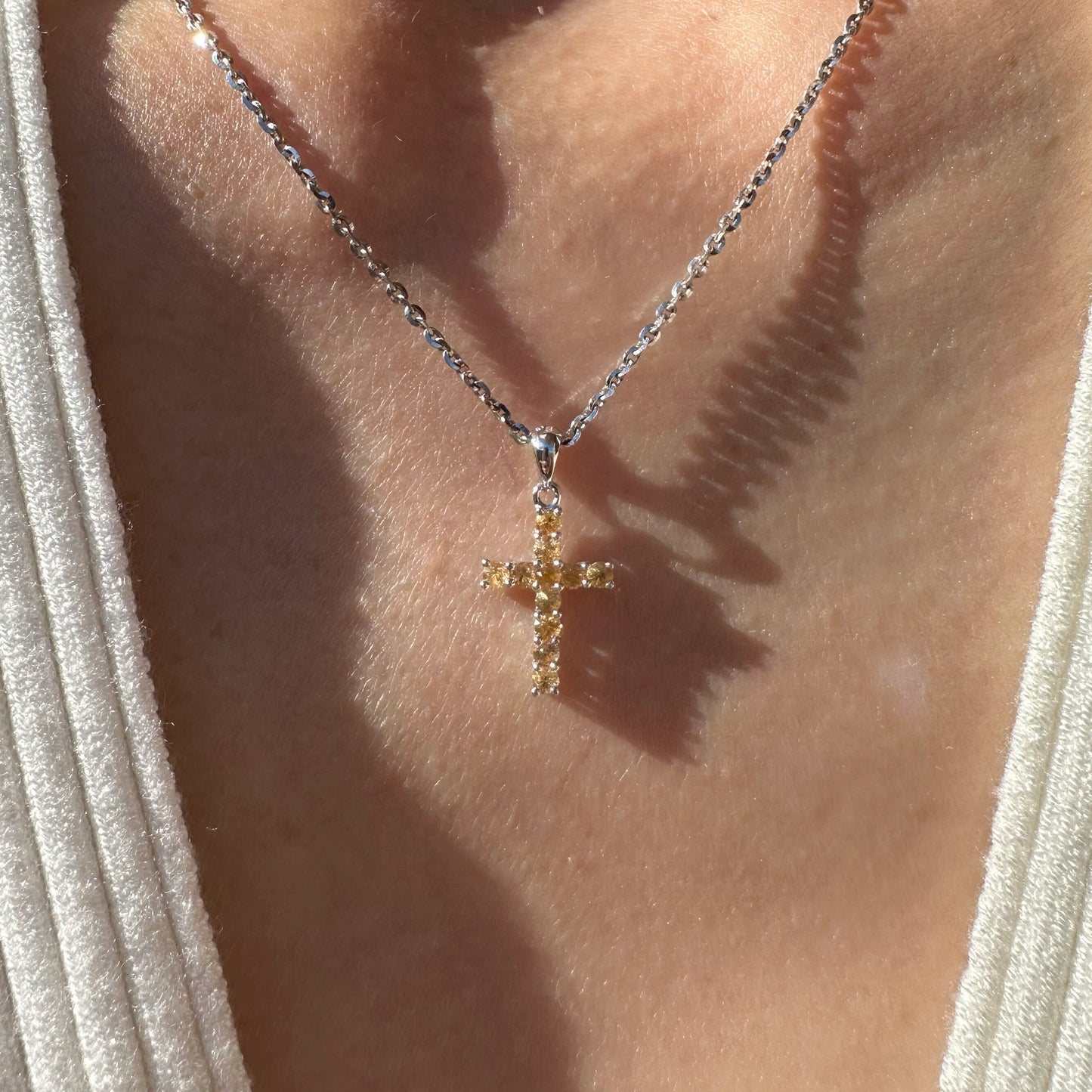 14K Solid Gold Genuine Orange Sapphire Cross Pendant (pendant only)