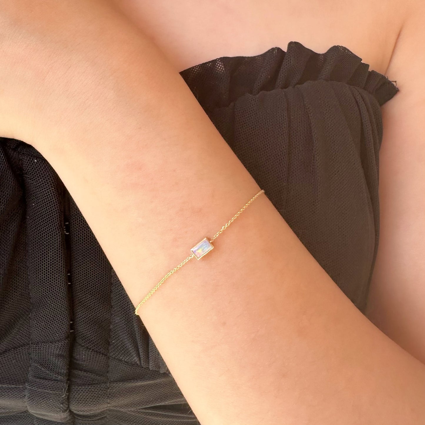 14K Solid Gold Genuine Rectangle Opal Bracelet
