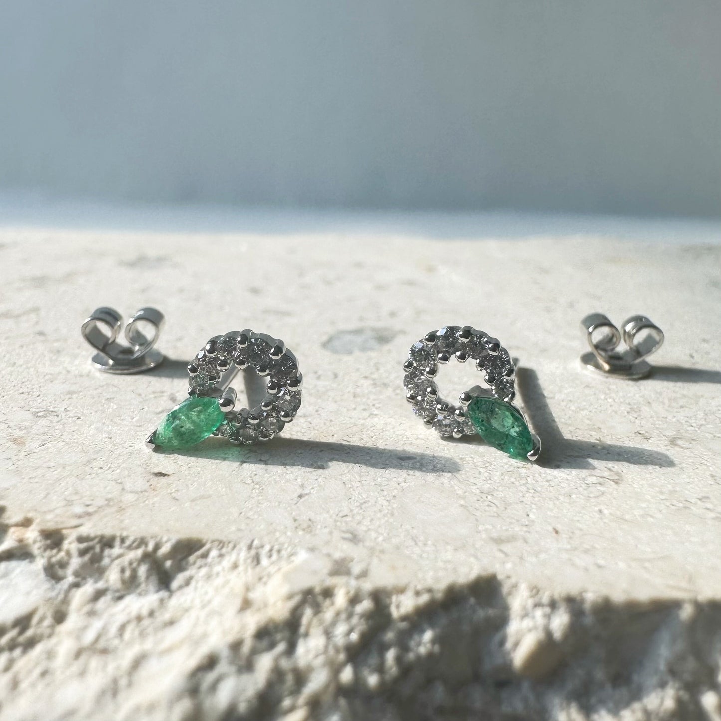 14K Solid Gold Genuine Emerald and Diamond Halo Studs/Pair
