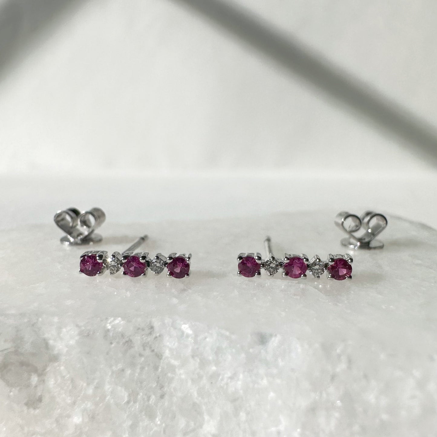 14K Solid White Gold Genuine Ruby and Diamond Bar Studs/Pair