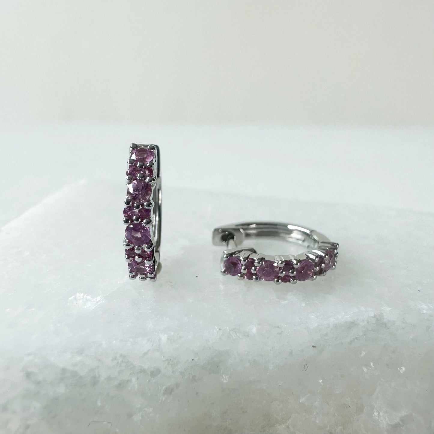 14K Solid Gold Genuine Pink Sapphire Hoops/Pair