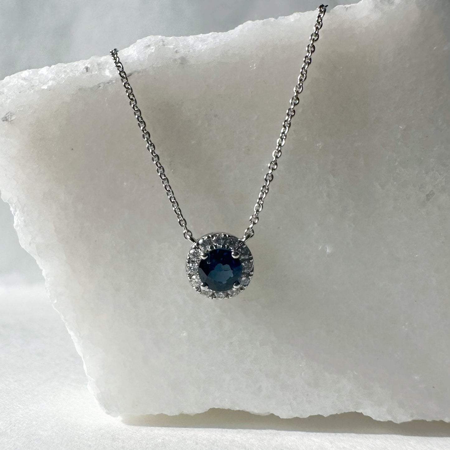 14K Solid Gold Genuine Sapphire and Diamond Halo Necklace