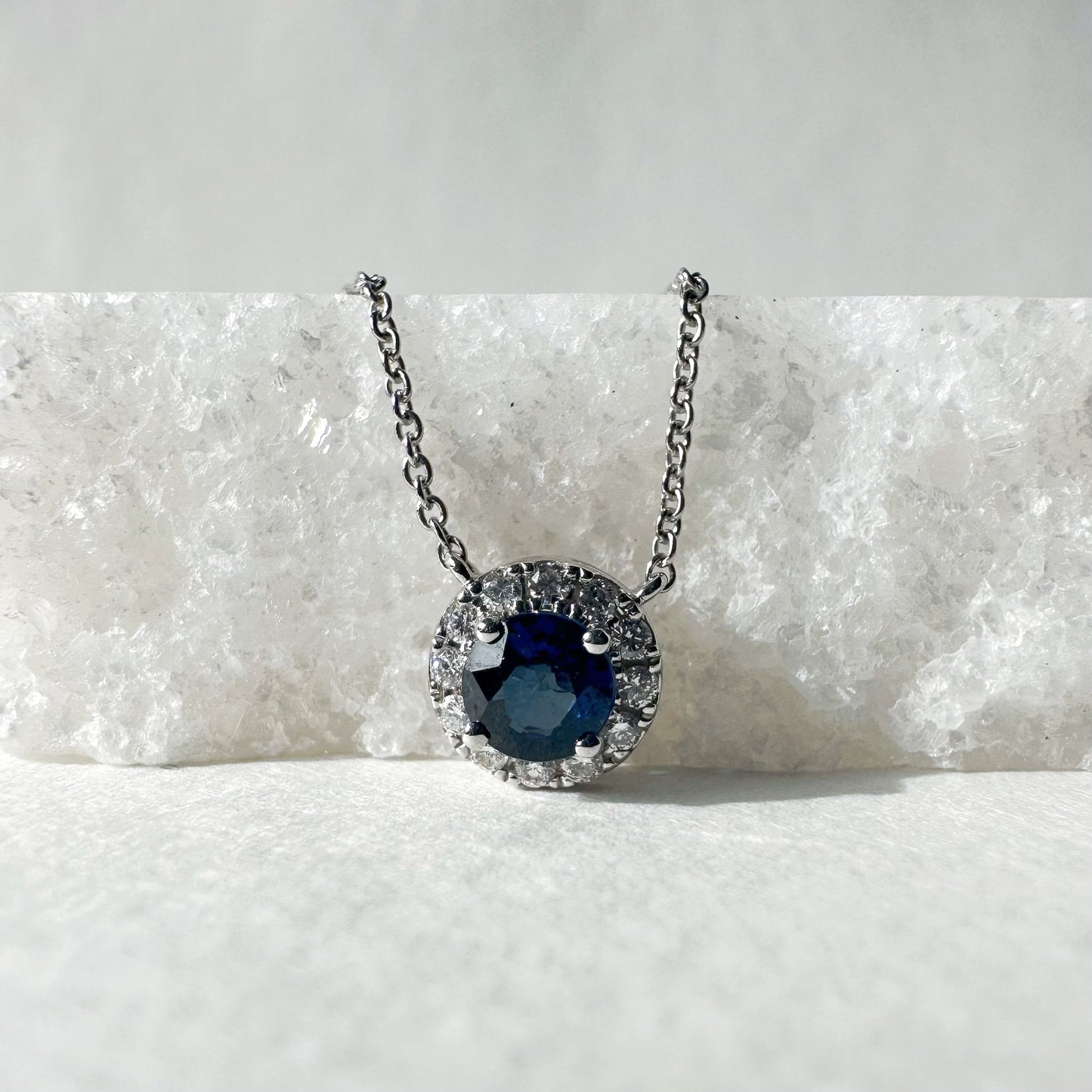 14K Solid Gold Genuine Sapphire and Diamond Halo Necklace