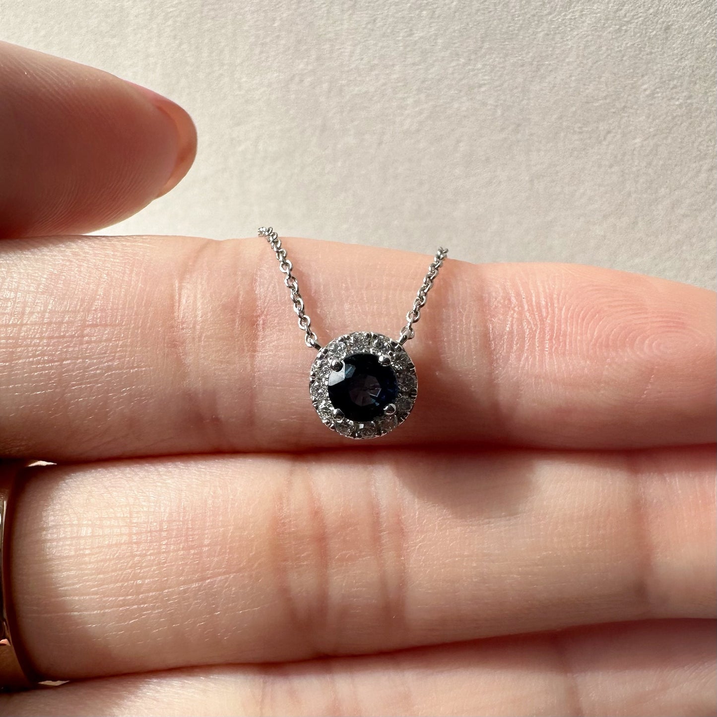 14K Solid Gold Genuine Sapphire and Diamond Halo Necklace