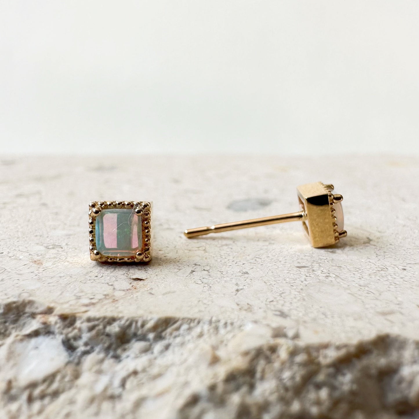 14K Solid Gold Genuine Opal Square Fancy Studs/Pair