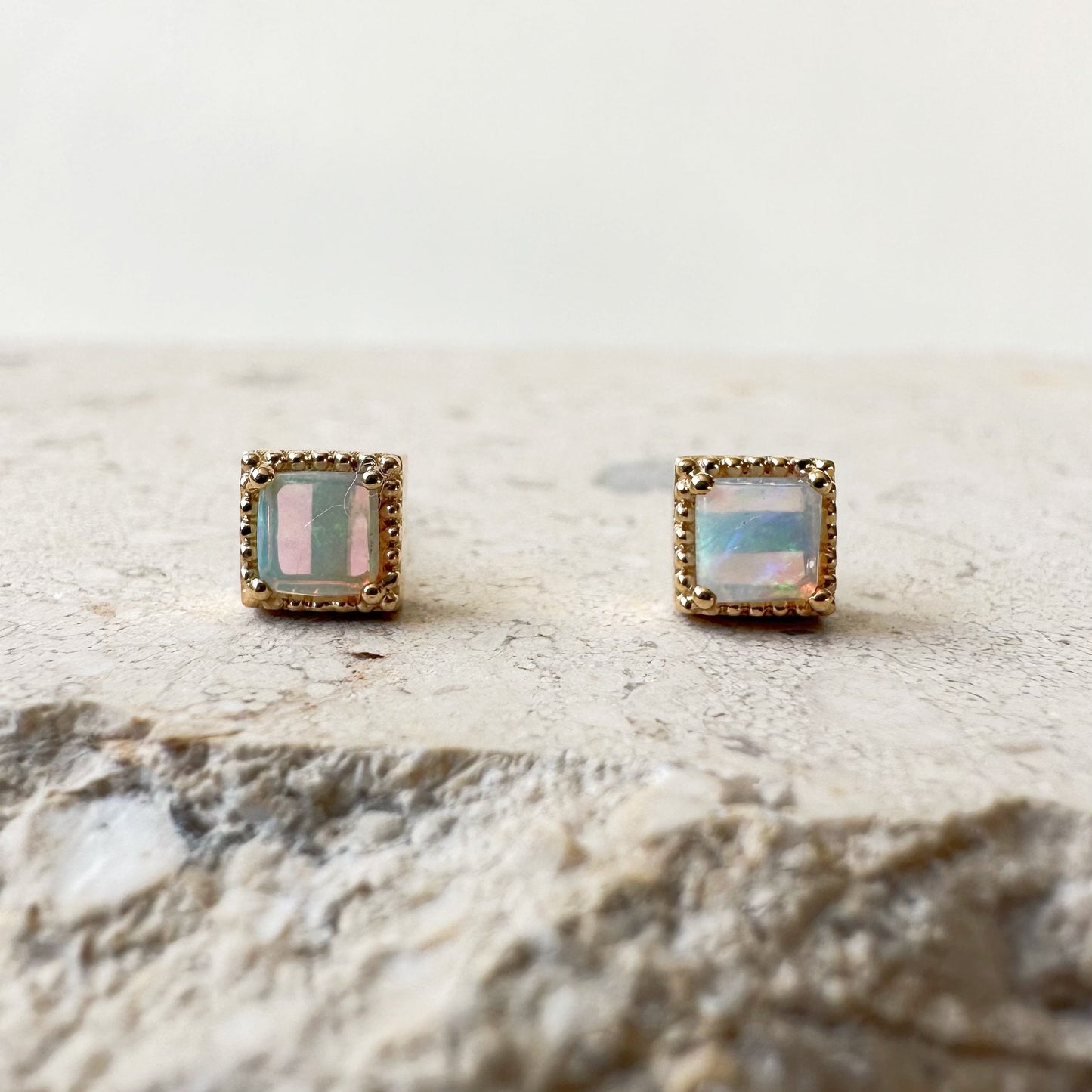 14K Solid Gold Genuine Opal Square Fancy Studs/Pair