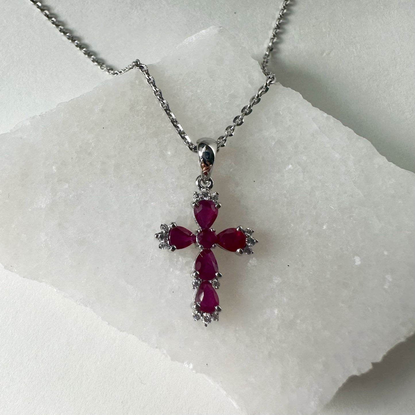 14K Solid Gold Genuine Ruby and Diamond Cross Pendant (pendant only)