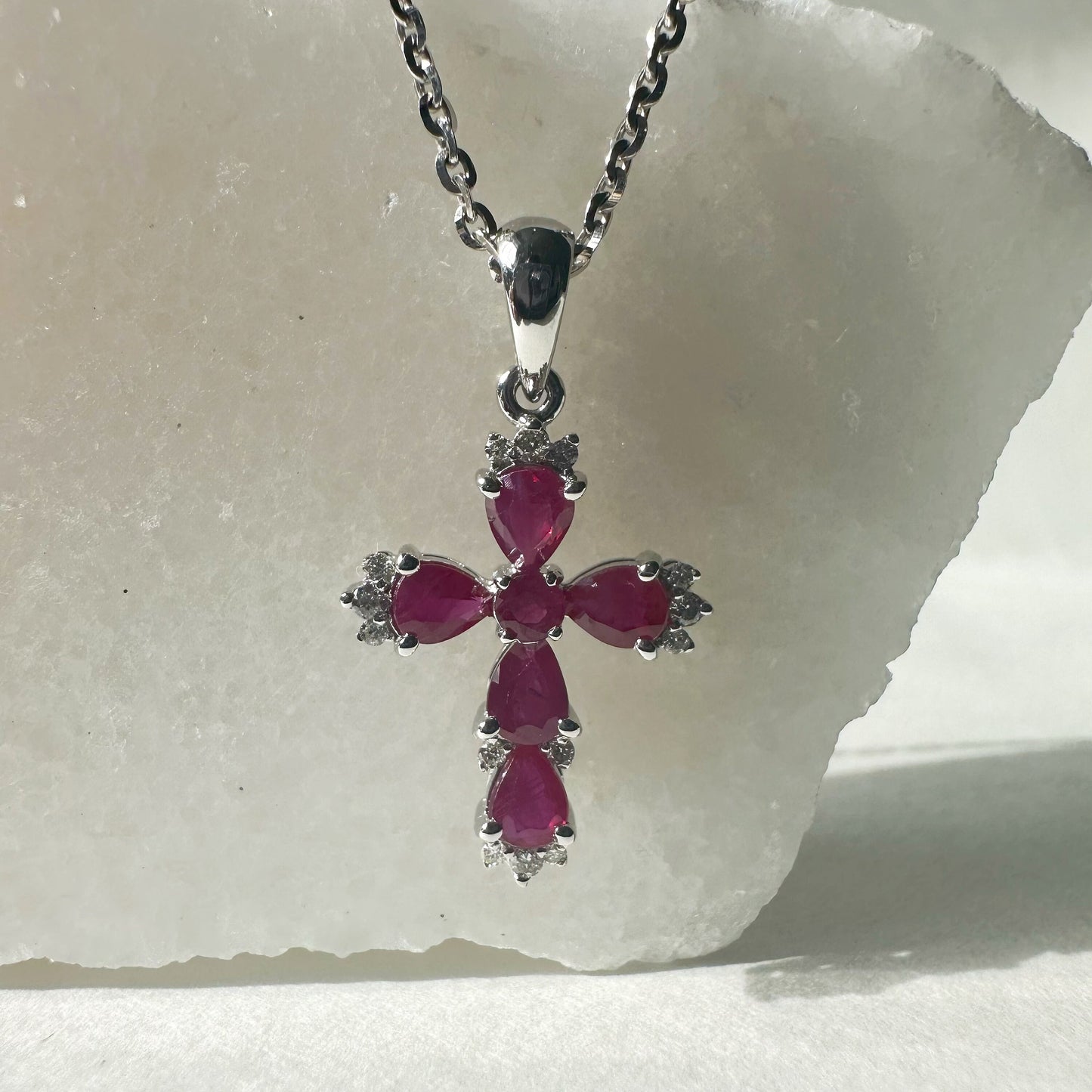 14K Solid Gold Genuine Ruby and Diamond Cross Pendant (pendant only)