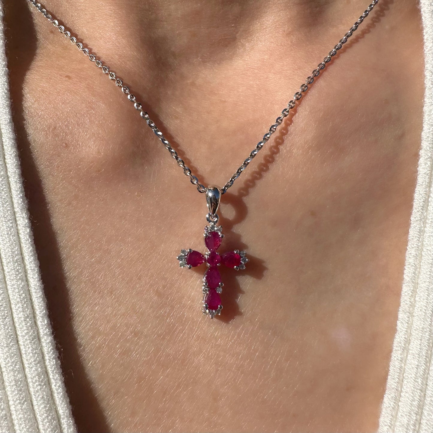 14K Solid Gold Genuine Ruby and Diamond Cross Pendant (pendant only)