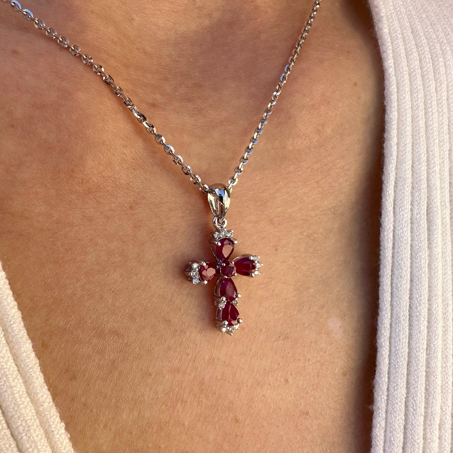 14K Solid Gold Genuine Ruby and Diamond Cross Pendant (pendant only)