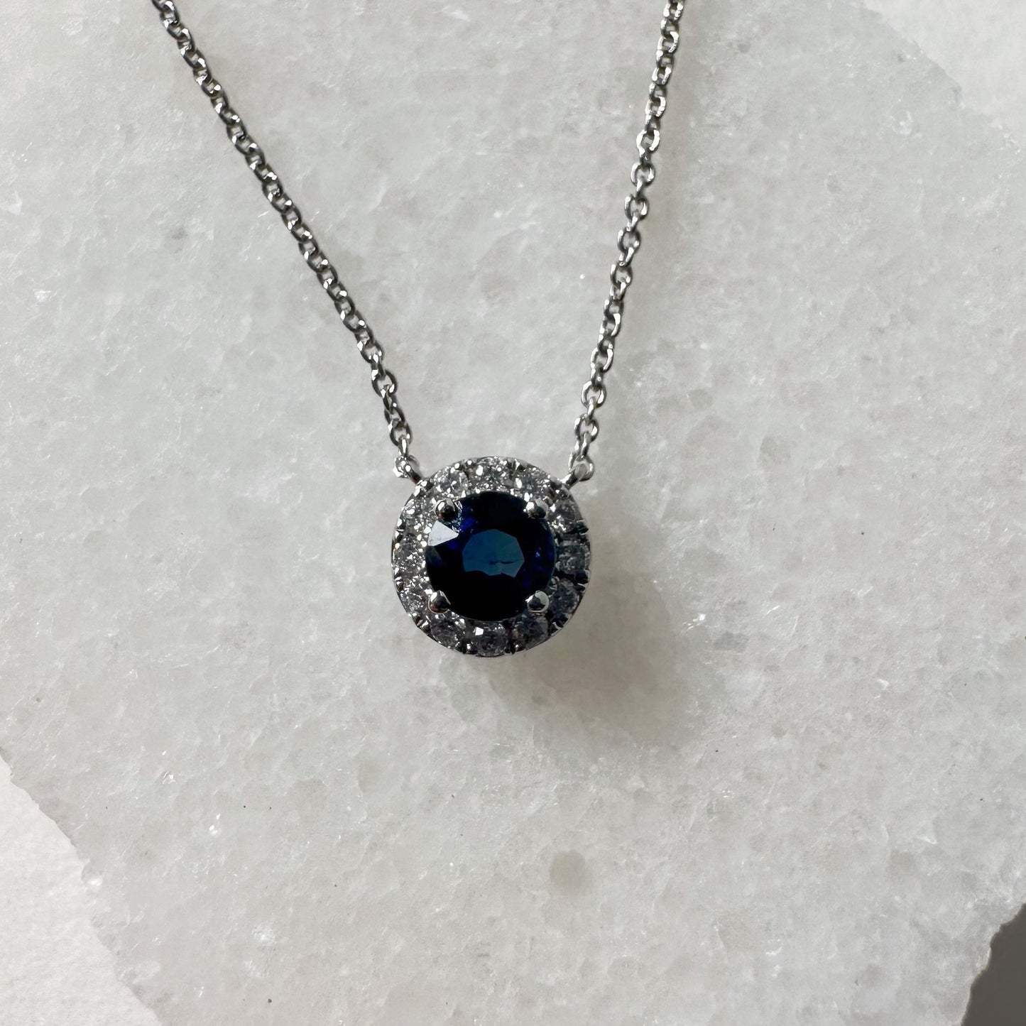 14K Solid Gold Genuine Sapphire and Diamond Halo Necklace
