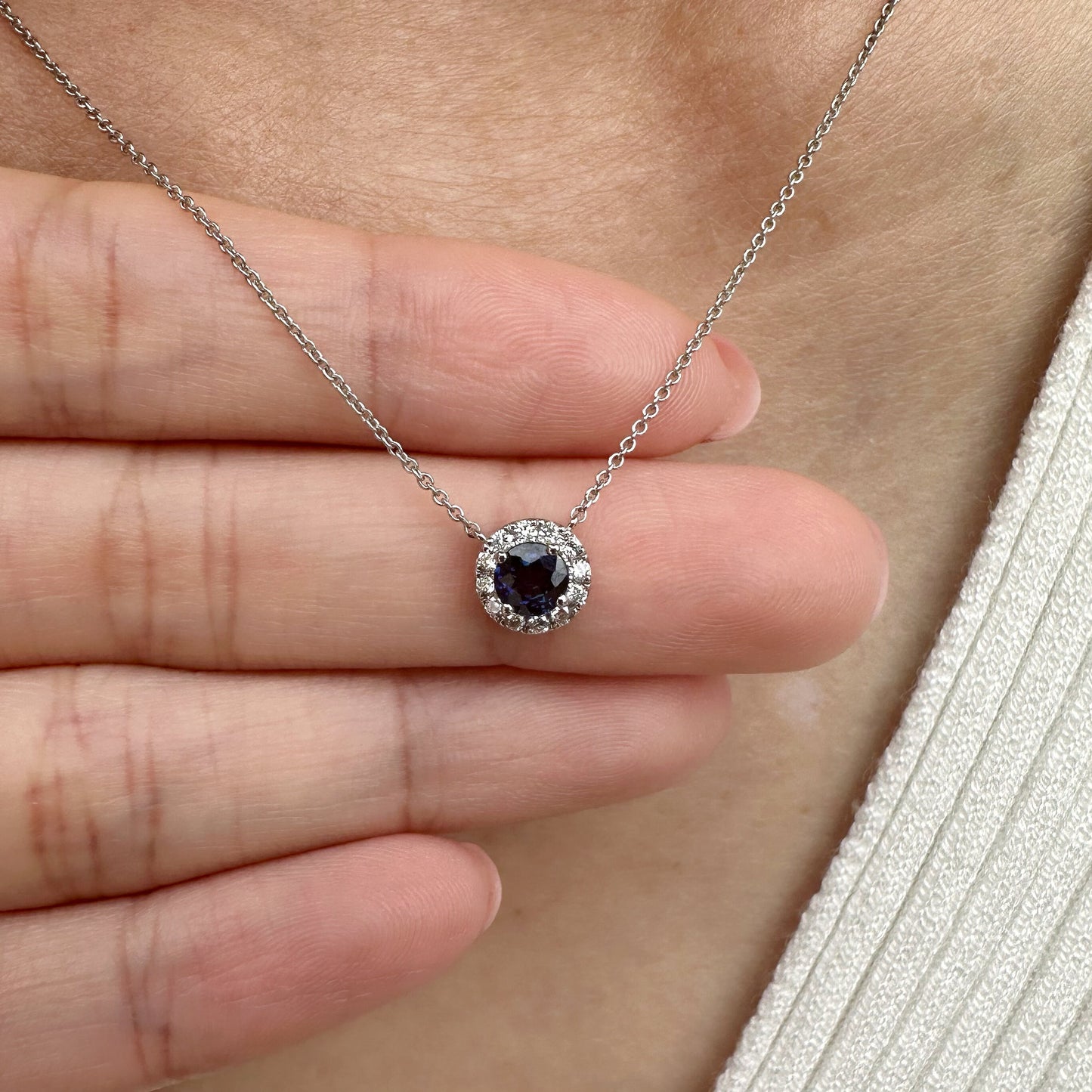 14K Solid Gold Genuine Sapphire and Diamond Halo Necklace