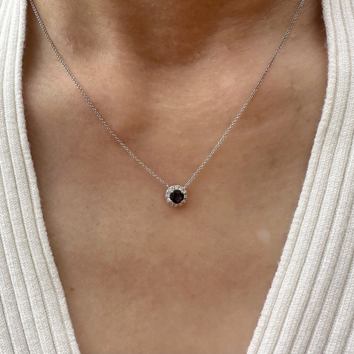 14K Solid Gold Genuine Sapphire and Diamond Halo Necklace