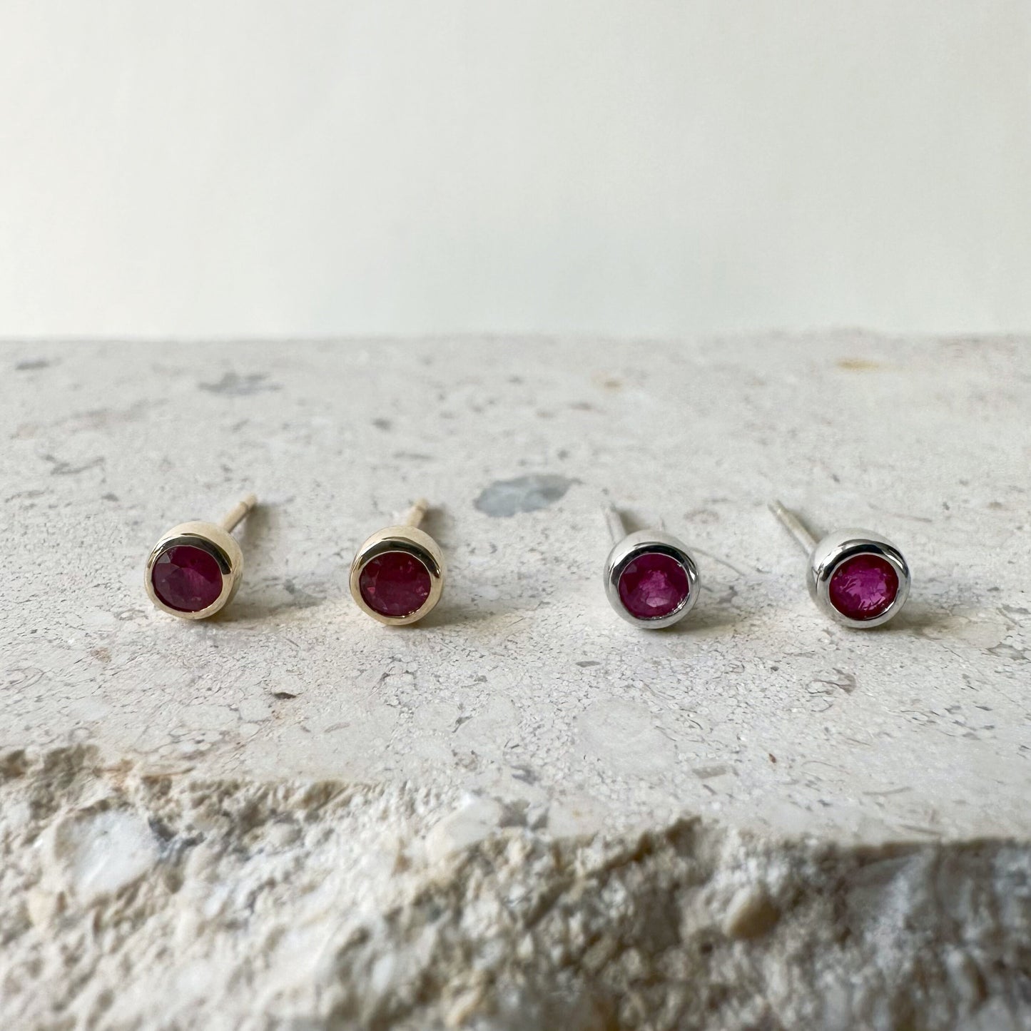 14K Solid Gold Genuine Ruby Bezel Studs/Pair