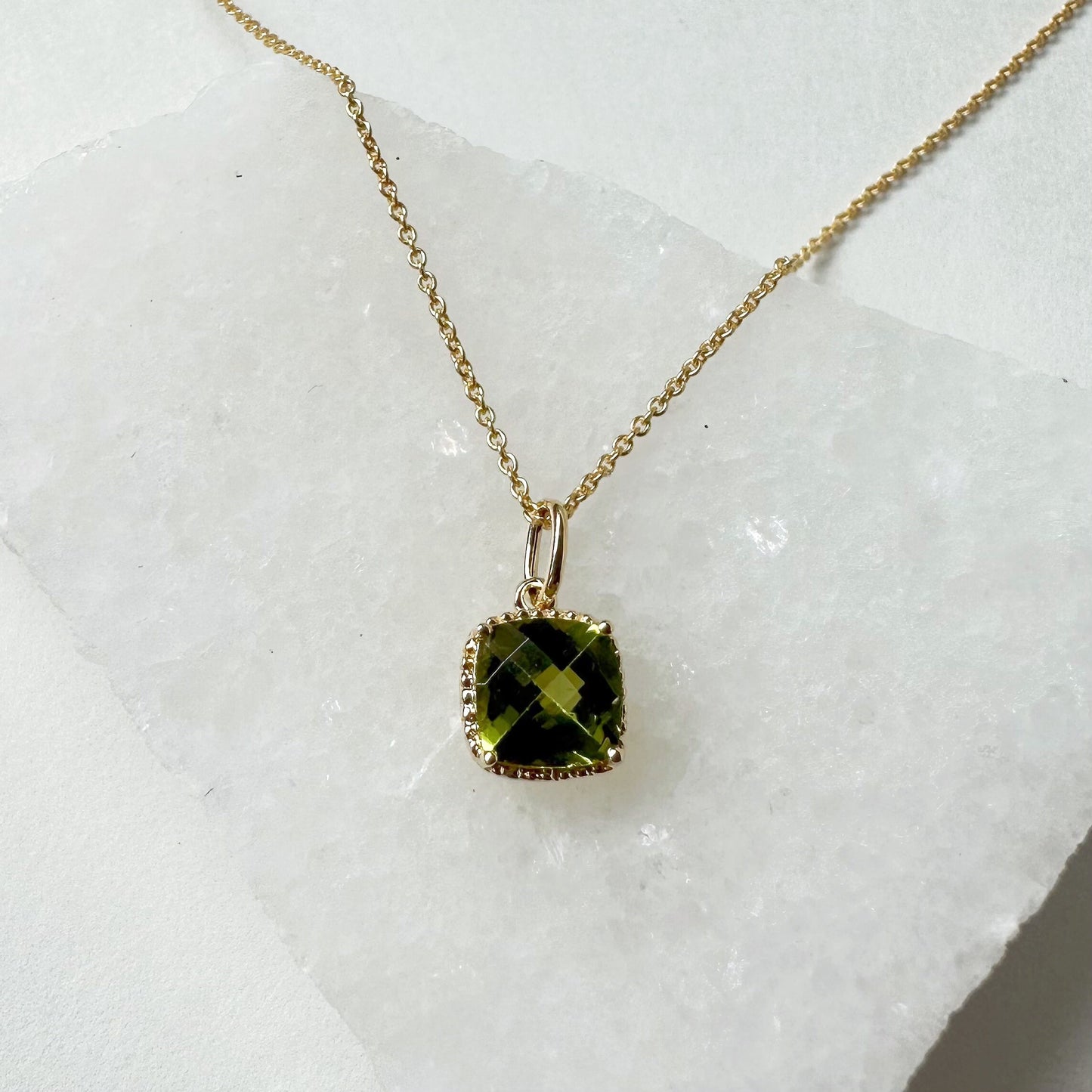 14K Solid Gold Genuine Peridot Square Necklace