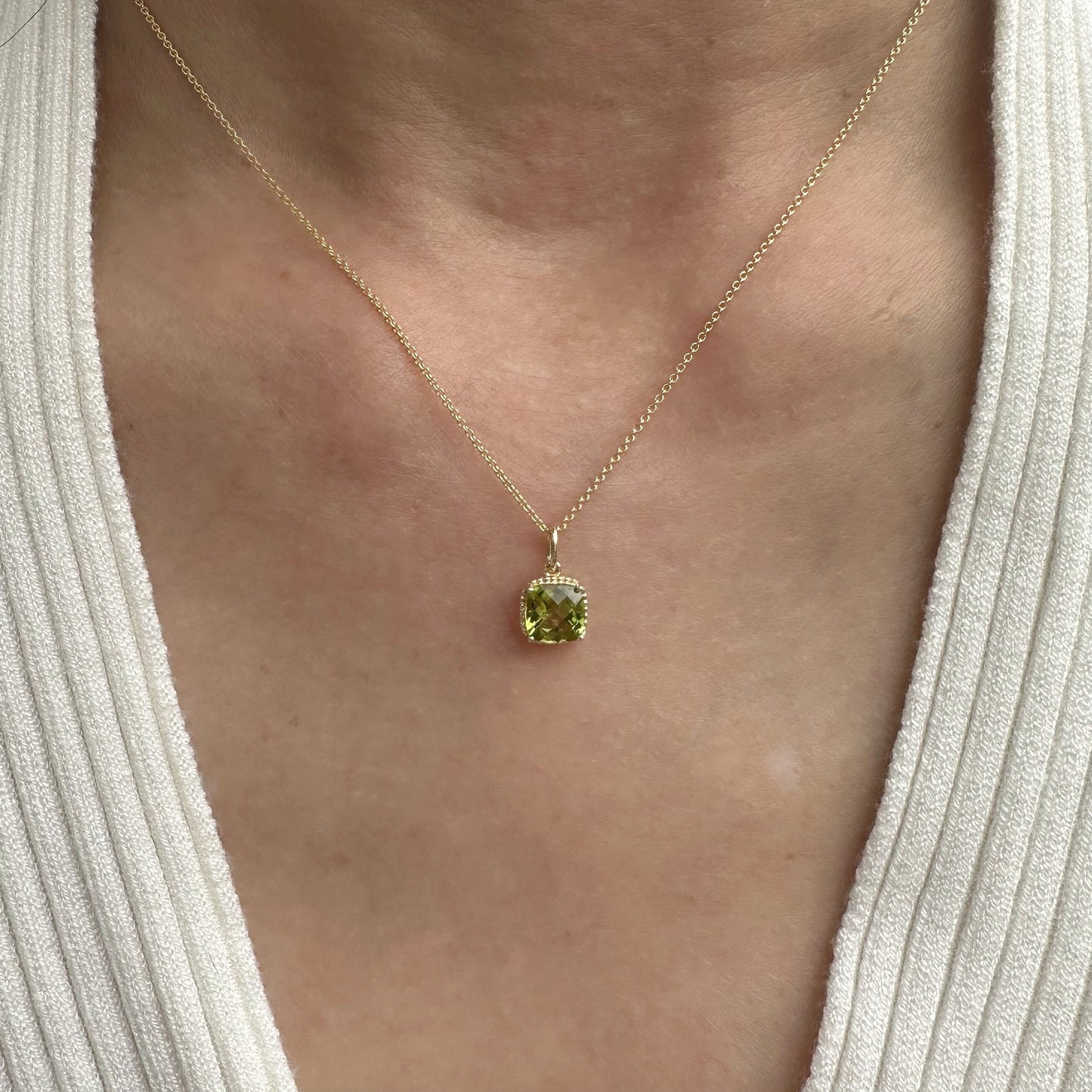 14K Solid Gold Genuine Peridot Square Necklace
