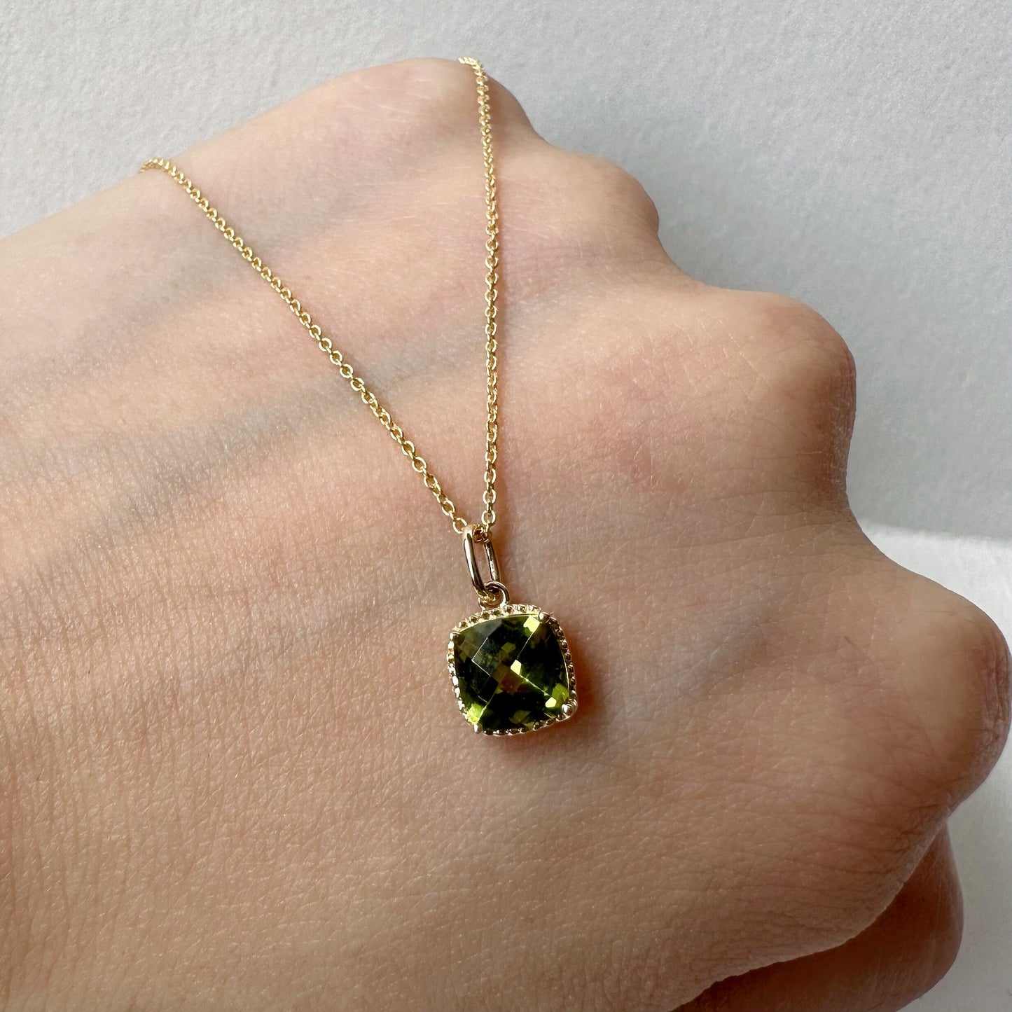 14K Solid Gold Genuine Peridot Square Necklace