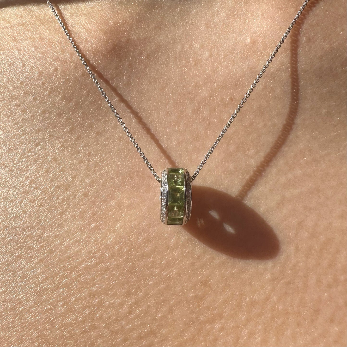 18K Solid Gold Genuine Peridot and Diamond Barrel Pendant (pendant only)