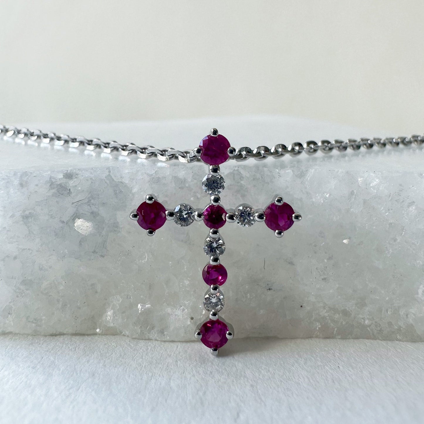 14K Solid Gold Genuine Ruby and Diamond Cross Pendant (pendant only)