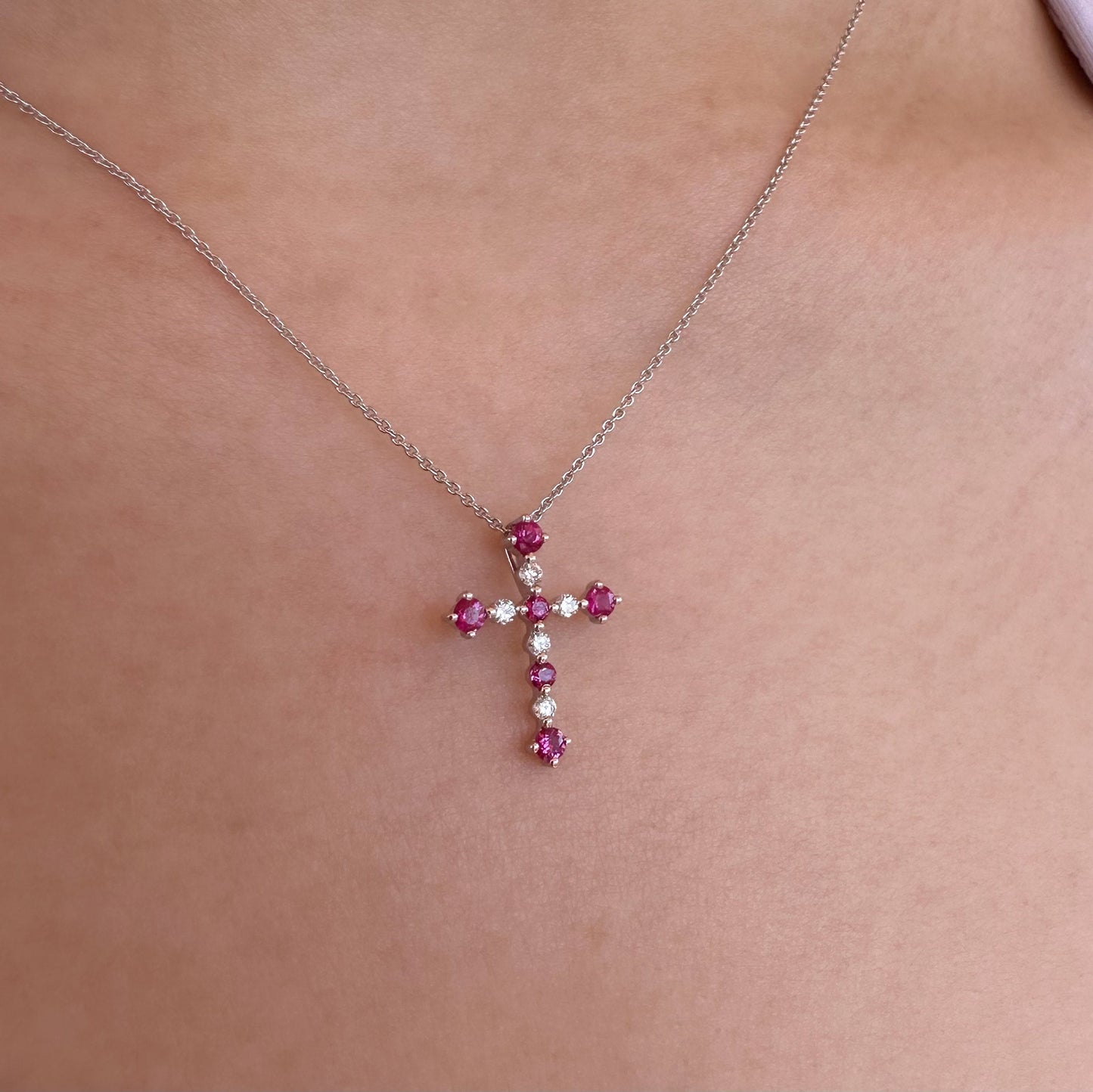 14K Solid Gold Genuine Ruby and Diamond Cross Pendant (pendant only)