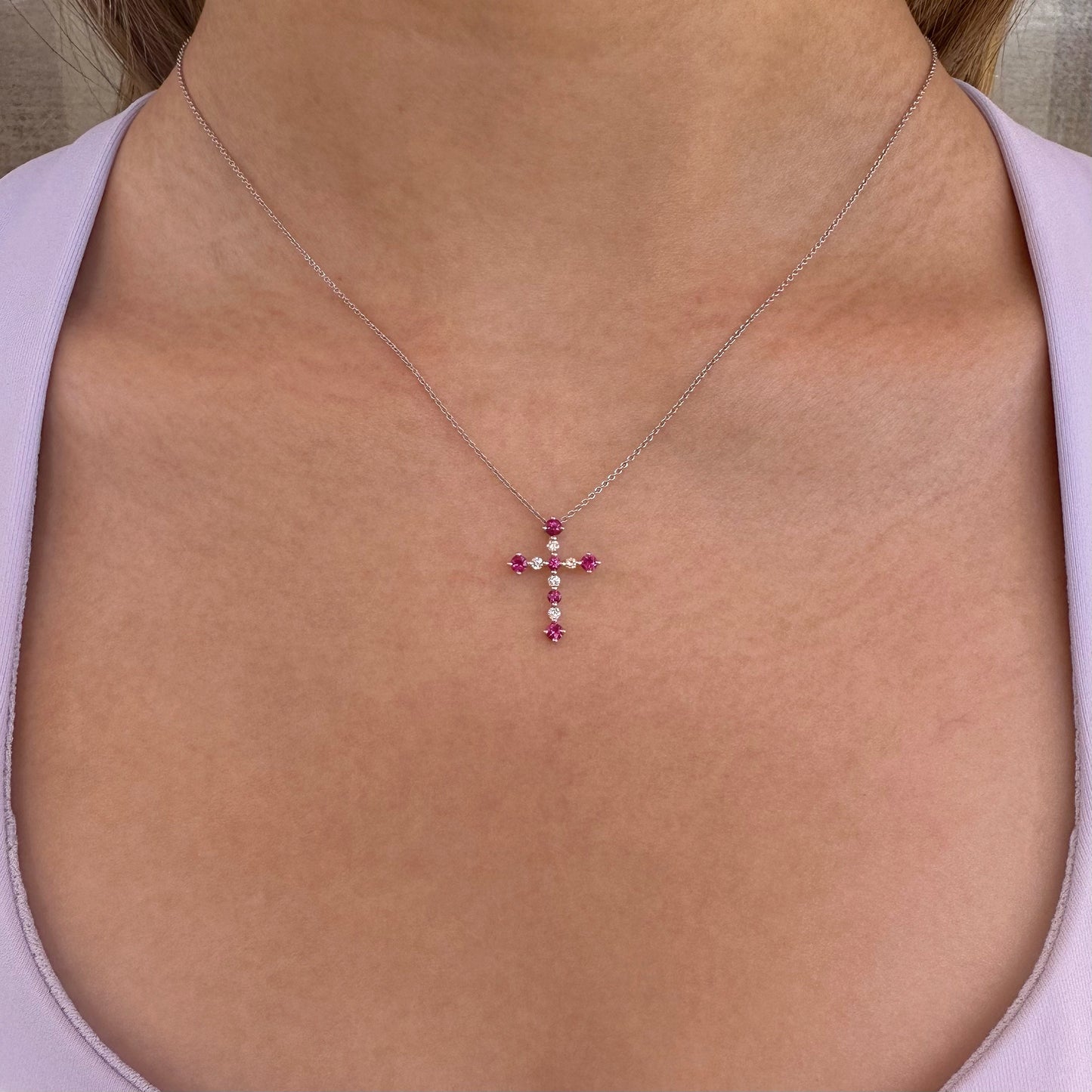 14K Solid Gold Genuine Ruby and Diamond Cross Pendant (pendant only)
