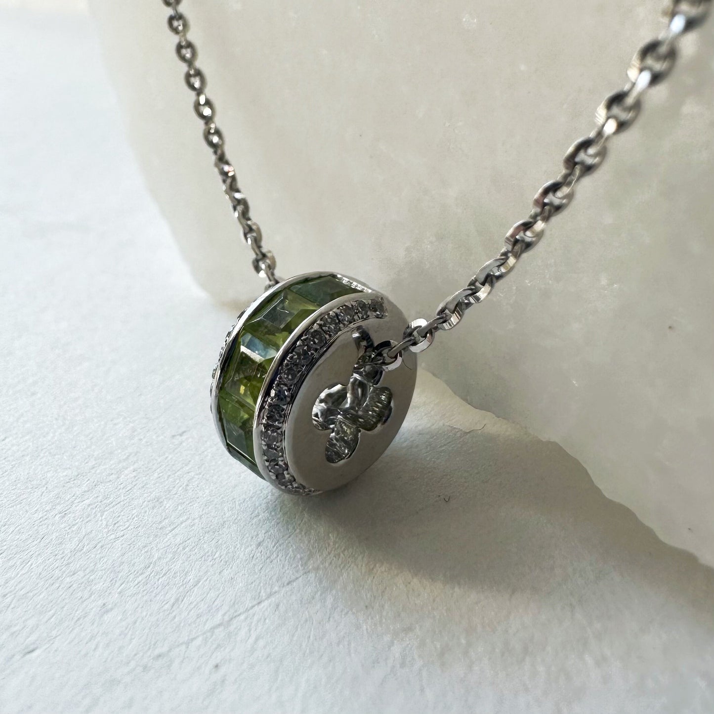 18K Solid Gold Genuine Peridot and Diamond Barrel Pendant (pendant only)