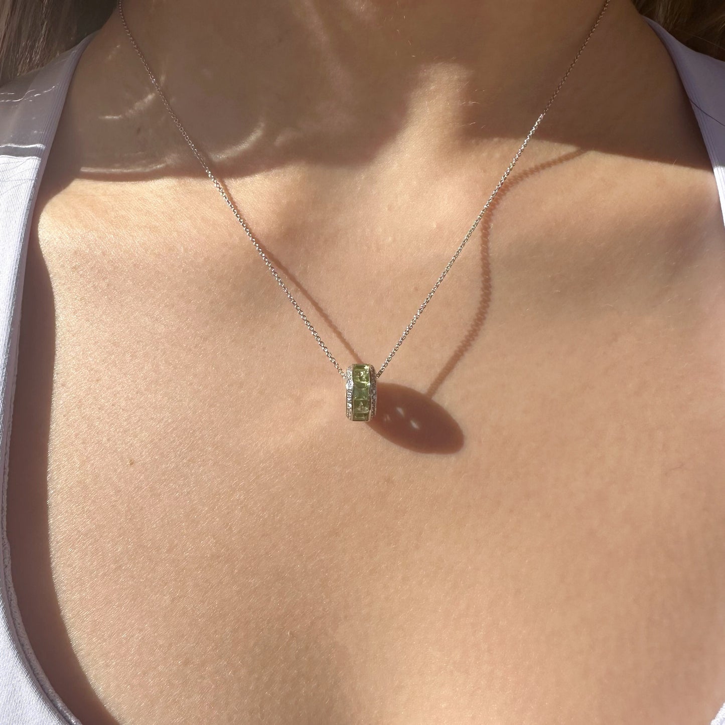 18K Solid Gold Genuine Peridot and Diamond Barrel Pendant (pendant only)