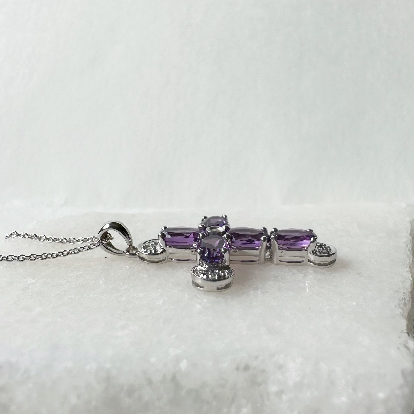 14K Solid Gold Genuine Amethyst and Diamond Cross Pendant (pendant only)
