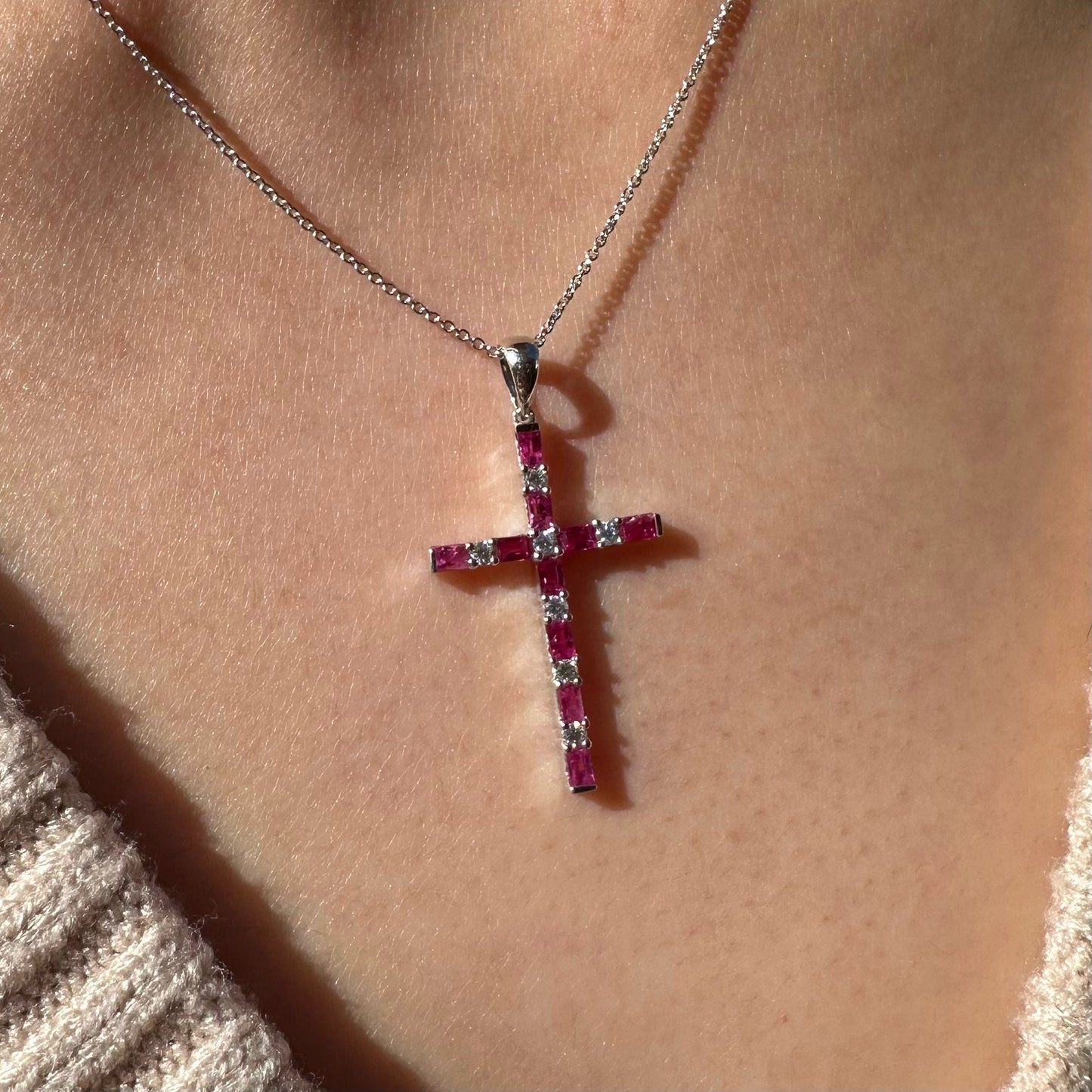 14K Solid Gold Genuine Baguette Ruby and Diamond Cross Pendant (pendant only)