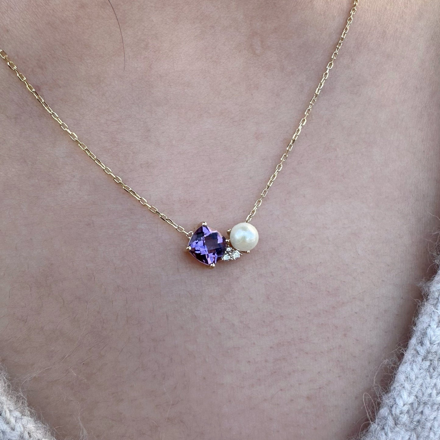 14K Solid Gold Genuine Amethyst, Pearl, and Diamond Necklace
