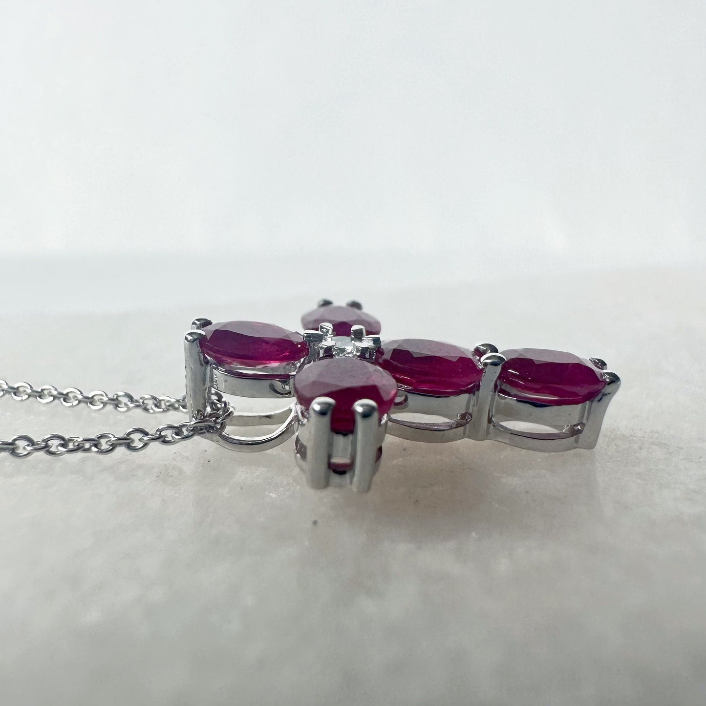 14K Solid Gold Genuine Ruby and Diamond Cross Necklace