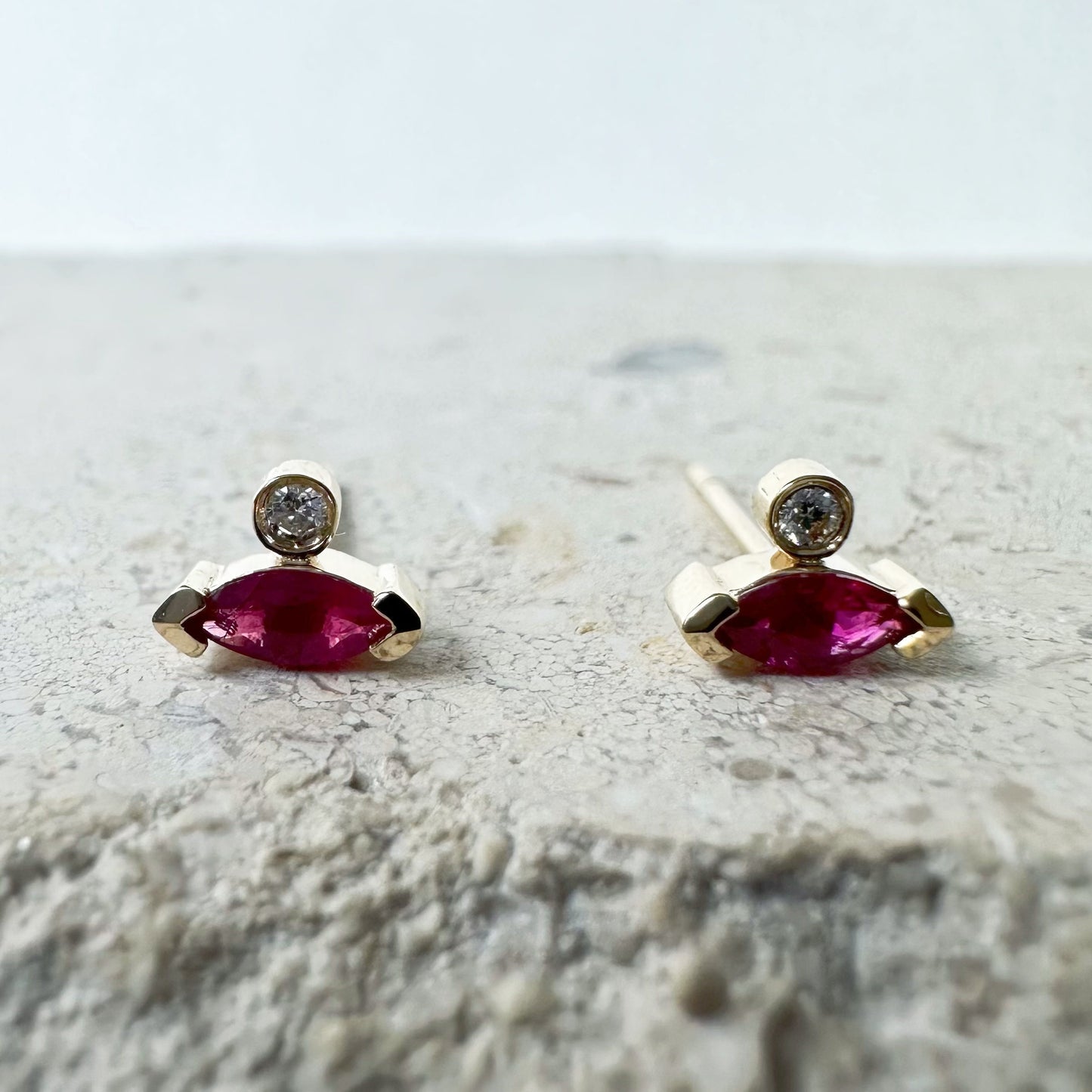 14K Solid Gold Genuine Marquise Ruby and Diamond Stacked Studs/Pair