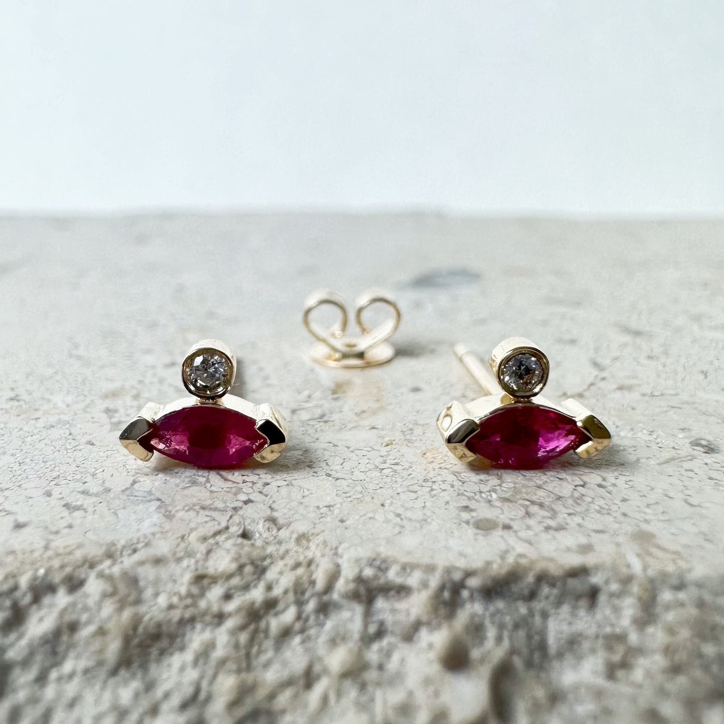 14K Solid Gold Genuine Marquise Ruby and Diamond Stacked Studs/Pair