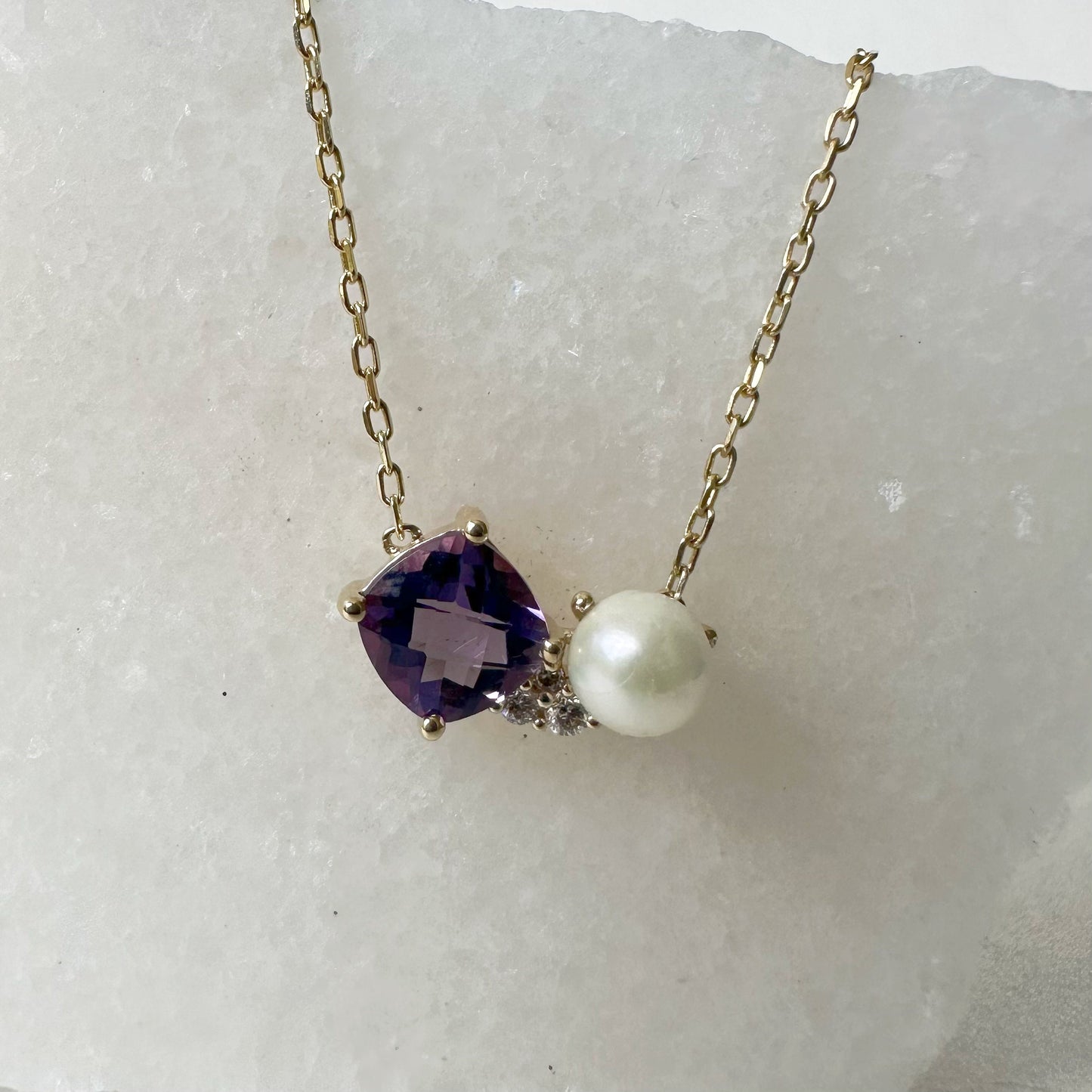 14K Solid Gold Genuine Amethyst, Pearl, and Diamond Necklace