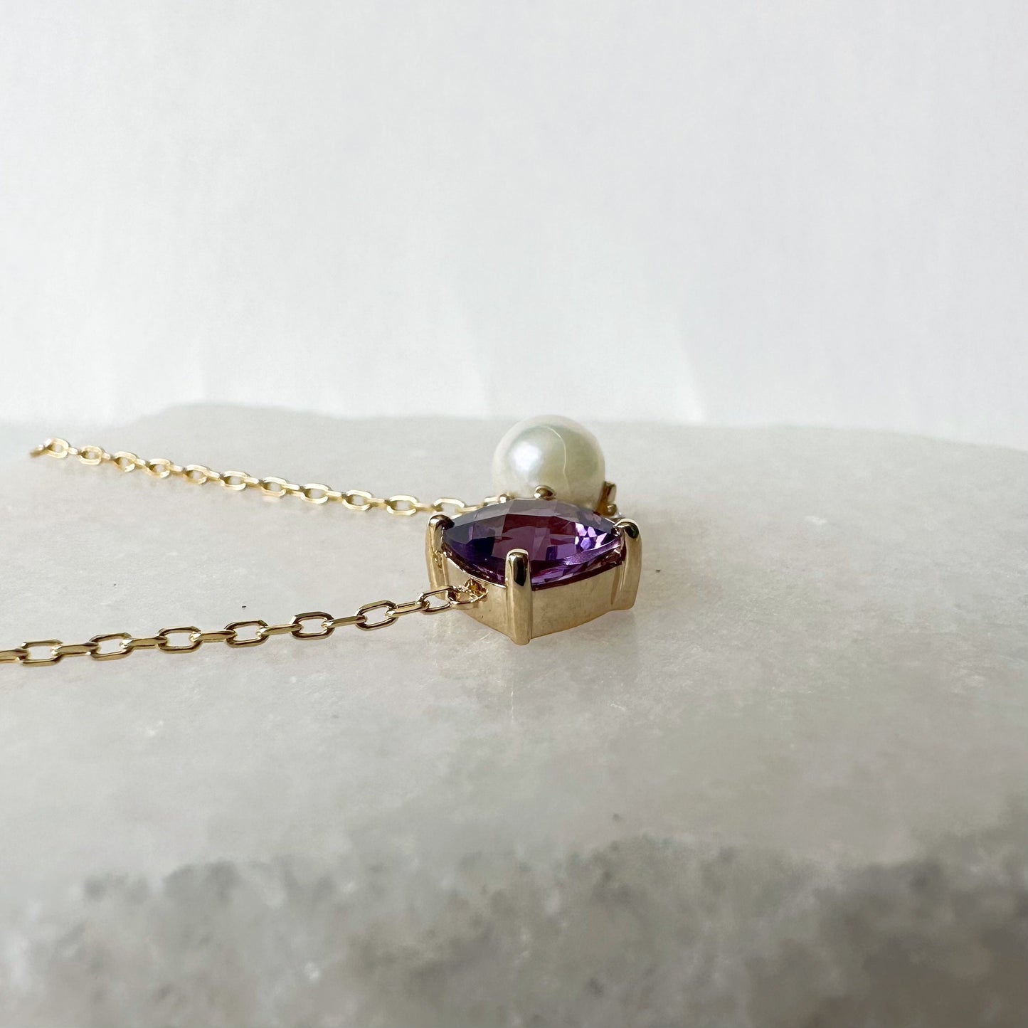 14K Solid Gold Genuine Amethyst, Pearl, and Diamond Necklace