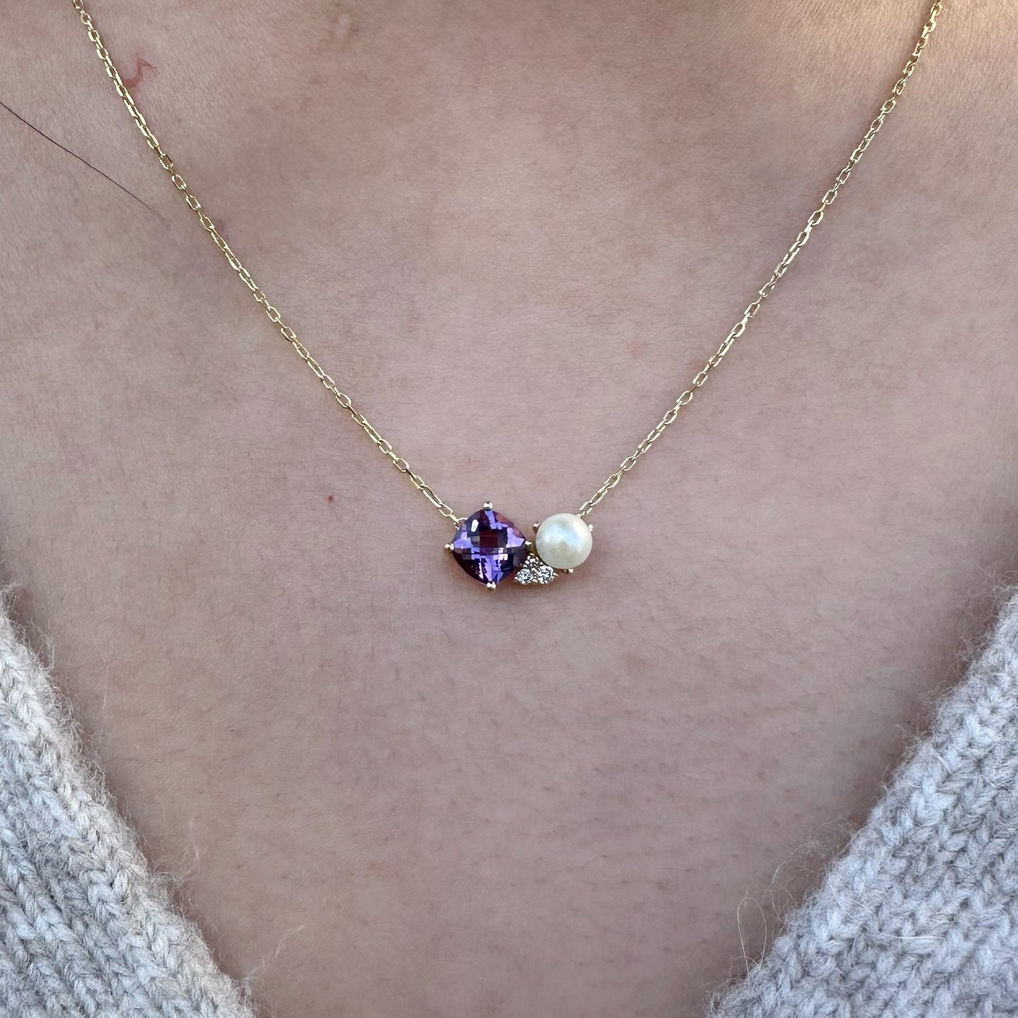 14K Solid Gold Genuine Amethyst, Pearl, and Diamond Necklace