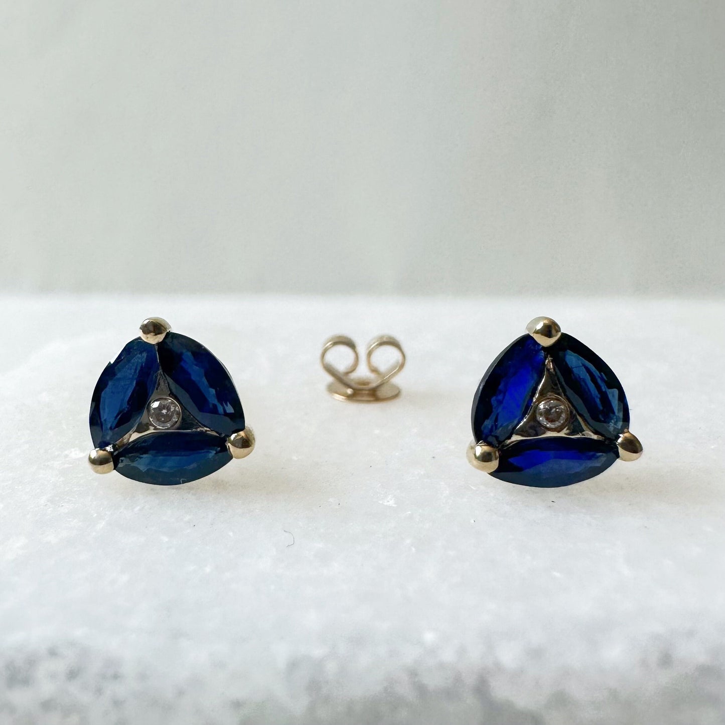 14K Solid Gold Genuine Marquise Sapphire and Diamond Triangle Studs/Pair