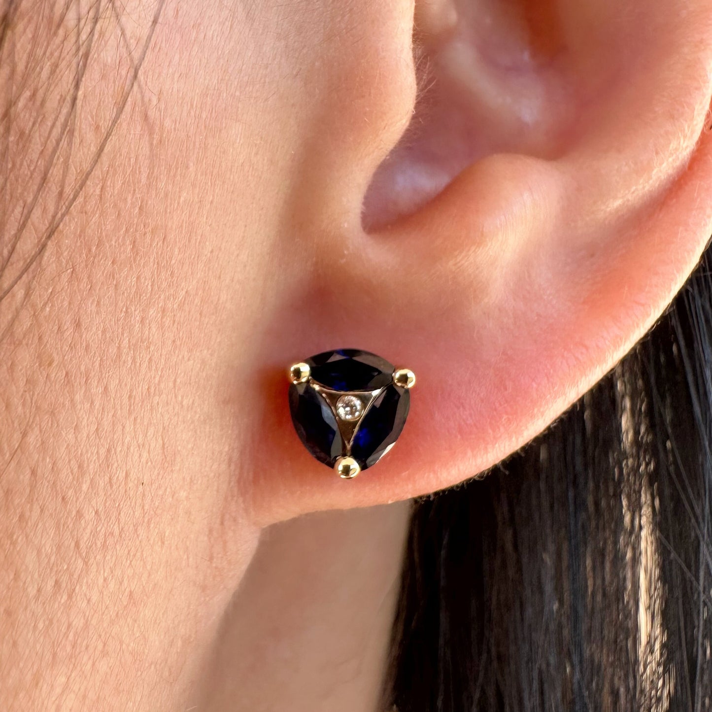 14K Solid Gold Genuine Marquise Sapphire and Diamond Triangle Studs/Pair